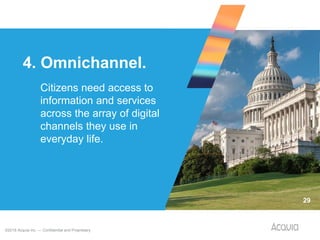 ©2018 Acquia Inc. — Confidential and Proprietary
4. Omnichannel.
29
Citizens need access to
information and services
across the array of digital
channels they use in
everyday life.
 