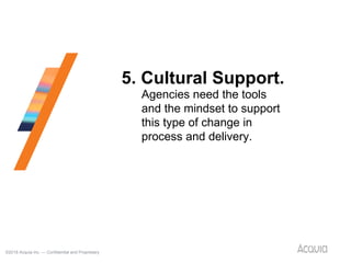©2018 Acquia Inc. — Confidential and Proprietary
30
5. Cultural Support.
Agencies need the tools
and the mindset to support
this type of change in
process and delivery.
 