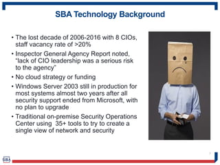 SBA Technology Background
• The lost decade of 2006-2016 with 8 CIOs,
staff vacancy rate of >20%
• Inspector General Agency Report noted,
“lack of CIO leadership was a serious risk
to the agency”
• No cloud strategy or funding
• Windows Server 2003 still in production for
most systems almost two years after all
security support ended from Microsoft, with
no plan to upgrade
• Traditional on-premise Security Operations
Center using 35+ tools to try to create a
single view of network and security
7
 