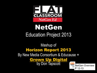 NetGen
Education Project 2013
Mashup of
Horizon Report 2013
By New Media Consortium & Educause +
Grown Up Digital
by Don Tapscott NetGen Overview
P 12-13
 
