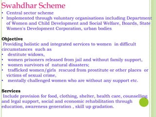 Swahdhar Scheme

• Central sector scheme
• Implemented through voluntary organisations including Department
of Women and Child Development and Social Welfare, Boards, State
Women's Development Corporation, urban bodies
Objective
Providing holistic and integrated services to women in difficult
circumstances such as
• destitute widows,
• women prisoners released from jail and without family support,
• women survivors of natural disasters;
• trafficked women/girls rescued from prostitute or other places or
victims of sexual crime,
• mentally challenged women who are without any support etc.
Services
Include provision for food, clothing, shelter, health care, counselling
and legal support, social and economic rehabilitation through
education, awareness generation , skill up gradation.

 