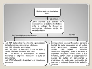 Delitos contra la libertad de
culto.
Como aquellos que consiste en
reconocer que el deber del estado se
limita a proteger la libertad de
convicciones religiosas contra los
atentados ilícitos
Se definen
-art. 167. trata sobre impedimento o perturbación
de las funciones o ceremonias religiosas.
-art. 168. vilipendio a creyentes.
-art. 169 acto de desprecio contra un culto y
delitos contra los ministros de u culto
Art. 170 Danos a monumentos fu ornatos
funerarios o religiosos destinados a culto en
cementerios.
-art. 171 Profanación de cadáveres o violación de
sepulcros.
Según código penal venezolano
Como pudimos observar los delitos contra la
libertad de culto consagrado en el código
penal venezolano consagra acciones
penales como; impedir o perturbar
ceremonias religiosas, burla o escarnio a
creyentes, desprecio contra cultos o sus
ministros, dañar, afear o desperfeccionar
lugares de cultos en cementerios y
profanación de cadáveres, sustracción de
despojos o restos de forma ilícita, violación
de urnas
Análisis
 