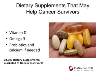 Dietary Supplements That May
            Help Cancer Survivors


 • Vitamin D
 • Omega-3
 • Probiotics and
   calcium if needed

24,000 Dietary Supplements
marketed to Cancer Survivors!
 