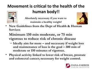 Movement is critical to the health of the
            human body!!
              Absolutely necessary if you want to
                  maintain a healthy weight!
• New Guidelines from the Dept of Health & Human
  Services
  Minimum 150 min moderate, or 75 min
  vigorous to reduce risk of chronic disease
   – Ideally aim for more – and necessary if weight loss
     and maintenance of loss is the goal – 300 min of
     moderate or 150 minutes of vigorous.
• Physical activity linked to lower risk of breast, prostate
  and colorectal cancer; necessary for weight control.
 
