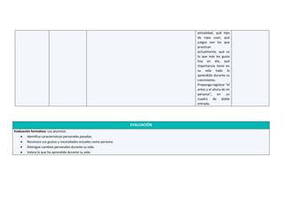 actualidad, qué tipo
de ropa usan, qué
juegos son los que
practican
actualmente, qué es
lo que más les gusta
hoy en día, qué
importancia tiene en
su vida todo lo
aprendido durante su
crecimiento.
Proponga registrar “el
antes y el ahora de mi
persona”, en un
cuadro de doble
entrada.
EVALUACIÓN
Evaluación formativa: Los alumnos:
 Identifica características personales pasadas.
 Reconoce sus gustos y necesidades actuales como persona.
 Distingue cambios personales durante su vida.
 Valora lo que ha aprendido durante su vida.
 