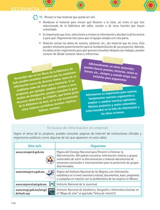 secuencia 14
110
11.	Revisen si hay material que pueda ser útil.
•	 Divídanse el material para revisar qué llevaron a la clase, así como el que han
seleccionado de la biblioteca del salón, escolar o de otras fuentes que hayan
consultado.
•	 Es importante que lean, seleccionen y revisen la información y decidan cuál les servirá
y para qué. Organícense bien para que el equipo cumpla con esta parte.
•	 Deberán anotar los datos de autores, editorial, etc., del material que les sirva. Esto
pueden retomarlo posteriormente para la fundamentación de sus proyectos. Además,
los datos serán importantes para que quienes consulten después sus trabajos, puedan
conocer de dónde tomaron ideas y referencias.
Recuerden que en los libros de la Biblioteca de
Aula pueden encontrar material que les suministre
información acerca de diversos temas, tanto de su
problema como de ideas para resolverlo. Si se
proponen, por ejemplo, emplear carteles u otros
medios de divulgación, pueden consultar la guía
Recursos didácticos, de CONAFE, que forma parte
de la Biblioteca de Aula, en la cual encontrarán
cómo elaborar periódicos murales, trípticos,
folletos, etcétera.
En busca de información en internet
Según el tema de tu proyecto, puedes consultar páginas de Internet de instituciones oficiales y
organismos públicos como algunas de las que aparecen en esta tabla:
Sitio web Organismo
www.conapred.gob.mx Página del Consejo Nacional para Prevenir y Eliminar la
Discriminación. Allí podrás encontrar información relativa a grupos
vulnerables de sufrir la discriminación y hallarás documentos de
convenios nacionales e internacionales para la protección de grupos
discriminados.
www.inmujeres.gob.mx Página del Instituto Nacional de las Mujeres, con información
estadística en el nivel nacional y estatal, documentos, leyes, programas
y campañas en relación con la problemática de las mujeres en México.
www.imjuventud.gob.mx Instituto Nacional de la Juventud.
www.inegi.gob.mx/inegi/
default.asp
Instituto Nacional de Estadística, Geografía e Informática (revisar en
el “Mapa de sitio” el apartado “Sitios de interés”).
Adicionalmente, en otros materiales
pueden buscar poemas, historias, relato as
breves, etc., siempre y cuando tenga casoincluirlos para argumentar.
Informarnos es importante para razonar,
fundamentar nuestros argumentos y
ampliar o cambiar nuestras opiniones.
Muchos prejuicios y malos entendidos
están basados en la falta de información y
las ideas erróneas.
FCE B5 S14.indd 110 9/11/07 11:25:18 AM
 
