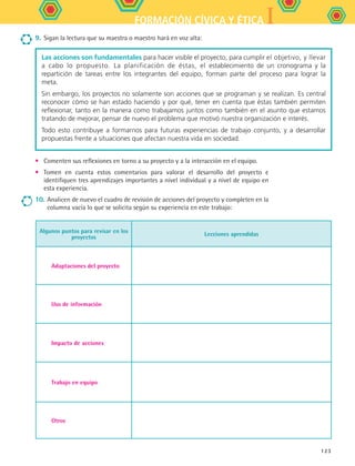 IFORMACIÓN CÍVICA Y ÉTICA
123
Las acciones son fundamentales para hacer visible el proyecto, para cumplir el objetivo, y llevar
a cabo lo propuesto. La planificación de éstas, el establecimiento de un cronograma y la
repartición de tareas entre los integrantes del equipo, forman parte del proceso para lograr la
meta.
Sin embargo, los proyectos no solamente son acciones que se programan y se realizan. Es central
reconocer cómo se han estado haciendo y por qué, tener en cuenta que éstas también permiten
reflexionar, tanto en la manera como trabajamos juntos como también en el asunto que estamos
tratando de mejorar, pensar de nuevo el problema que motivó nuestra organización e interés.
Todo esto contribuye a formarnos para futuras experiencias de trabajo conjunto, y a desarrollar
propuestas frente a situaciones que afectan nuestra vida en sociedad.
Algunos puntos para revisar en los
proyectos
Lecciones aprendidas
Adaptaciones del proyecto
Uso de información
Impacto de acciones
Trabajo en equipo
Otros
•	 Comenten sus reflexiones en torno a su proyecto y a la interacción en el equipo.
•	 Tomen en cuenta estos comentarios para valorar el desarrollo del proyecto e
identifiquen tres aprendizajes importantes a nivel individual y a nivel de equipo en
esta experiencia.
10.	Analicen de nuevo el cuadro de revisión de acciones del proyecto y completen en la
columna vacía lo que se solicita según su experiencia en este trabajo:
9.	 Sigan la lectura que su maestra o maestro hará en voz alta:
FCE B5 S15.indd 123 9/11/07 11:26:04 AM
 