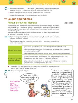 IFORMACIÓN CÍVICA Y ÉTICA
125
Sesión 139
12.	Retomen las actividades 3 y 4 de la sesión 126 en la cual definieron algunos recursos
para sus proyectos y reflexionaron acerca de productos. A partir de ello:
•	 Definan cómo presentarán las acciones que han realizado hasta ahora.
•	 Preparen los recursos que crean necesarios para su presentación.
Lo que aprendimos
Rumor de buenos tiempos
La preparación de la exposición al grupo implicará que los equipos se pongan de acuerdo
internamente para exponer sus acciones, pero también requiere la reflexión y las
conclusiones preliminares acerca de lo realizado hasta el momento, así como la experiencia
del trabajo conjunto.
Mientras la maestra o maestro atiende a uno de los equipos, los demás seguirán realizando
las actividades que tengan previstas.
13.	Revisen los aspectos solicitados en el siguiente esquema, de acuerdo con su proyecto,
y tomen notas en su cuaderno.
•	 Pueden agregar aspectos que consideren importantes y que deseen revisar acerca
de su propio proyecto.
Elia, dime cómo
presentaron ustedes su
proyecto el año
pasado.
Pues como lo trabajamos
en equipo, cualquiera de los
integrantes podía decir qué
hicimos. Eso sí, nos pusimos de
acuerdo en qué decir primero
y qué después y cada quién
dijo lo que quería exponer.
Pero fue un poco aburrido
así… el equipo de Néstor se
disfrazó, todos se pintaron la
cara de un color oscuro,
porque su proyecto era
acerca de la discriminación
a personas indígenas. Eso fue
padre.
•	 Comenten: ¿Qué más plantearían para una ocasión futura o una etapa siguiente de
su proyecto en relación con este problema?
14.	Observen la siguiente imagen:
Una tarde de
junio,
Elia y Trino
conversaban
al salir de
la escuela…
Cómo lo hemos hecho
  ¿Las fuentes revisadas han sido suficientes? ¿Qué les hace falta buscar?
  ¿Han generado ustedes mismos información que les haya servido (entrevistas,
encuestas, cuestionarios)?
  ¿Qué saben ahora que no sabían antes de iniciar la búsqueda de información?
Qué hemos aprendido
acerca del problema
  ¿Creen que cuentan con más elementos para comprender por qué se da el
problema que buscaron atender a través de su proyecto?
  ¿Reconsiderarían una o más de las causas que identificaron al inicio de su
proyecto como parte del problema? ¿Por qué?
FCE B5 S15.indd 125 9/11/07 11:26:12 AM
 