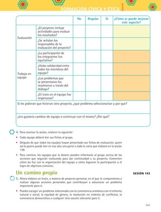 IFORMACIÓN CÍVICA Y ÉTICA
131
4.	Para concluir la sesión, realicen lo siguiente:
•	 Cada equipo deberá leer sus fichas al grupo.
•	 Después de que todos los equipos hayan presentado sus fichas de evaluación, quien
así lo quiera puede leer en voz alta una parte o toda la carta que elaboró en la sesión
139.
•	 Para concluir, los equipos que lo deseen pueden informarle al grupo acerca de las
acciones que seguirán realizando para dar continuidad a su proyecto. Comenten
cómo les fue con la organización del equipo y cómo lograron la participación y el
logro de objetivos comunes.
Un camino propio
5.	Ahora elabora un texto, a manera de proyecto personal, en el que te comprometas a
realizar algunas acciones personales que contribuyan a solucionar un problema
importante para ti.
•	 Puedes escoger un problema relacionado con la convivencia armónica con el entorno
natural o social, la equidad de género, la resolución no violenta de conflictos, la
convivencia democrática o cualquier otro asunto relevante para ti.
No Regular Sí ¿Cómo se puede mejorar
este aspecto?
Evaluación
¿El proyecto incluye
actividades para evaluar
los resultados?
¿Se señalan los
responsables de la
evaluación del proyecto?
Trabajo en
equipo
¿La participación de
los integrantes fue
equitativa?
¿Hubo solidaridad entre
todos los miembros del
equipo?
¿Los problemas que
se presentaron los
resolvieron a través del
diálogo?
¿El trato en el equipo fue
respetuoso?
Si les pidieran que hicieran otro proyecto, ¿qué problema seleccionarían y por qué?
¿Les gustaría cambiar de equipo o continuar con el mismo? ¿Por qué?
sesión 143
FCE B5 SEVA.indd 131 9/11/07 11:27:00 AM
 