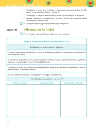 evaluación Bloque 5
132
•	 Para elaborar tu texto, toma como base el esquema que se presenta en la sesión 132
y aplica lo que aprendiste durante el bloque 5.
•	 También pon en juego tus aprendizajes acerca de los contenidos de la asignatura.
•	 Toma en cuenta que este proyecto será personal y que lo más importante será el
compromiso que asumas con él.
6.	Expongan sus textos y planteen propuestas para mejorarlos.
¿Alcanzamos la meta?
7.	Lee el cuadro y piensa en lo que se pide por unos momentos.
sesión 144
Bloque 5. Hacia la identificación de compromisos éticos
En el bloque 5 se propone que los estudientes:
1. Asuman compromisos éticos y cívicos a través de acciones que favorezcaan la convivencia armónica con el
entorno natural y social.
2. Analicen las características de las relaciones entre hombres y mujeres en el entorno próximo y planteen
medidas, a su alcance, para promover la equidad de género
3. Formulen acciones que promuevan relaciones plurales, solidarias y respetuosas, para enfrentar conflictos
identificados en la convivencia escolar.
4. Adquieran habilidades para la investigación, el diálogo y la colaboración.
¿Cómo logré estos propósitos a través de …?
Acciones personales Acciones grupales Pensamientos y actitudes
FCE B5 SEVA.indd 132 9/11/07 11:27:00 AM
 