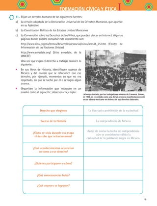 IFORMACIÓN CÍVICA Y ÉTICA
19
Derecho que elegimos La libertad y prohibición de la esclavitud
Suceso de la Historia La independencia de México
¿Cómo se vivía durante esa etapa
el derecho que seleccionamos?
Antes de iniciar la lucha de independencia
aún se consideraba válida la
esclavitud de la población negra en México.
¿Qué acontecimientos ocurrieron
en torno a ese derecho?
¿Quiénes participaron y cómo?
¿Qué consecuencias hubo?
¿Qué avances se lograron?
11.	 Elijan un derecho humano de las siguientes fuentes:
a)	 La versión adaptada de la Declaración Universal de los Derechos Humanos, que aparece
en su Apéndice
b)	 La Constitución Política de los Estados Unidos Mexicanos
c)	 La Convención sobre los Derechos de los Niños, que pueden ubicar en Internet. Algunas
páginas donde puedes consultar este documento son:
	 http://www.cinu.org.mx/temas/desarrollo/dessocial/ninos/ares44_25.htm (Centro de
Información de las Naciones Unidas)
	 http://www.enredate.org/ (Sitio enredate, de la
UNICEF)
	 Una vez que elijan el derecho a trabajar realicen lo
siguiente:
•	 En sus libros de Historia, identifiquen sucesos de
México y del mundo que se relacionen con ese
derecho, por ejemplo, momentos en que no era
respetado, en que se luchó por él o se logró algún
avance.
•	 Organicen la información que indaguen en un
cuadro como el siguiente; observen el ejemplo:
La huelga iniciada por los trabajadores mineros de Cananea, Sonora,
en 1906, es recordada como una de las primeras manifestaciones del
sector obrero mexicano en defensa de sus derechos laborales.
FCE B4 S10.indd 19 9/11/07 10:44:11 AM
 