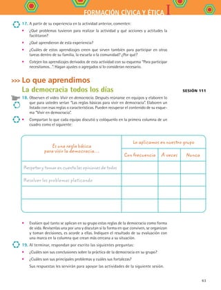 IFORMACIÓN CÍVICA Y ÉTICA
63
17.	A partir de su experiencia en la actividad anterior, comenten:
•	 ¿Qué problemas tuvieron para realizar la actividad y qué acciones y actitudes la
facilitaron?
•	 ¿Qué aprendieron de esta experiencia?
•	 ¿Cuáles de estos aprendizajes creen que sirven también para participar en otras
tareas dentro de su familia, la escuela o la comunidad? ¿Por qué?
•	 Cotejen los aprendizajes derivados de esta actividad con su esquema “Para participar
necesitamos…”. Hagan ajustes o agregados si lo consideran necesario.
Lo que aprendimos
La democracia todos los días
18.	Observen el video Vivir en democracia. Después reúnanse en equipos y elaboren lo
que para ustedes serían “Las reglas básicas para vivir en democracia”. Elaboren un
listado con esas reglas o características. Pueden recuperar el contenido de su esque-
ma “Vivir en democracia”.
•	 Compartan lo que cada equipo discutió y colóquenlo en la primera columna de un
cuadro como el siguiente:
Sesión 111
•	 Evalúen qué tanto se aplican en su grupo estas reglas de la democracia como forma
de vida. Revísenlas una por una y discutan si la forma en que conviven, se organizan
y toman decisiones, es acorde a ellas. Indiquen el resultado de su evaluación con
una marca en la columna que crean más cercana a su situación.
19.	Al terminar, respondan por escrito las siguientes preguntas:
•	 ¿Cuáles son sus conclusiones sobre la práctica de la democracia en su grupo?
•	 ¿Cuáles son sus principales problemas y cuáles sus fortalezas?
	 Sus respuestas les servirán para apoyar las actividades de la siguiente sesión.
Es una regla básica
para vivir la democracia…
Lo aplicamos en nuestro grupo
Con frecuencia A veces Nunca
Respetarytomarencuentalasopinionesdetodos
Resolver los problemas platicando
FCE B4 S12.indd 63 9/11/07 11:22:09 AM
 