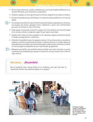 IFORMACIÓN CÍVICA Y ÉTICA
81
•	 De los temas anteriores, ¿cuáles consideran que son los principales problemas en su
escuela? Piénsenlo unos momentos y coméntenlo.
•	 Si desean agregar un tema general que les interese, háganlo en la tarjeta en blanco.
•	 Escriban los problemas que identifiquen en cada tema (cada problema en un trozo de
papel).
•	 Un voluntario escribirá en el pizarrón los temas de las tarjetas, separados por columnas.
Los equipos que hayan agregado temas, indíquenlo a quien esté escribiéndolos
para que los incluya en otras columnas.
•	 Cada equipo irá pasando al pizarrón a pegar con cinta adhesiva los trozos de papel
en la columna donde corresponda, según lo que hayan comentado.
•	 Cuando estén todos los trozos pegados en las columnas, algunos voluntarios leerán
el listado correspondiente a cada tema.
•	 Comenten los problemas que los equipos anotaron. Si hay desacuerdos o acuerdos al
respecto, escuchen las opiniones del grupo. Si desean prescisar o corregir alguno de
los problemas enunciados, más voluntarios pueden colaborar para realizarlo y cambiar
el trozo de papel correspondiente por el que decidan grupalmente.
•	 Dialoguen para definir qué problema desean atender y por qué, tomando en cuenta
el panorama de problemas que quedó en el pizarrón y lo que revisaron de su libro la
clase anterior.
El trabajo en equipo
requiere la participación
de todas las personas
que lo integren. Una vez
más: ¡necesitamos unos
de otros!
Una tarea… ¡Recuérdala!
Para la siguiente clase, traerás escrito en tu cuaderno: ¿por qué crees que es
importante atender ese problema elegido en tu equipo?
FCE B5 S13.indd 81 9/11/07 11:23:38 AM
 