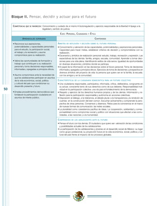 Bloque II. Pensar, decidir y actuar para el futuro

     Competencias   que se favorecen:	 Conocimiento y cuidado de sí mismo • Autorregulación y ejercicio responsable de la libertad • Apego a la
                                     legalidad y sentido de justicia

                                                        E jes : P ersona , C iudadanía   y   É tica
               A prendizajes   esperados                                                          C ontenidos

     •	Reconoce sus aspiraciones,                     Á mbitos   de reflexión y decisión sobre el futuro personal
       potencialidades y capacidades personales       •	Conocimiento y valoración de las capacidades, potencialidades y aspiraciones personales.
       para el estudio, la participación social,        Capacidad para trazar metas, establecer criterios de decisión y comprometerse con su
       el trabajo y la recreación y asume               realización.
       compromisos para su realización.               •	Escenarios y ámbitos de realización personal: estudio, trabajo, recreación y expresión. Las
                                                        expectativas de los demás: familia, amigos, escuela, comunidad. Aprender a tomar deci-
     •	Valora las oportunidades de formación y          siones para una vida plena. Identificando estilos de vida sanos. Igualdad de oportunidades
       trabajo que contribuyen a su realización         en diversas situaciones y ámbitos donde se participa.
       personal y toma decisiones responsables,       •	El papel de la información en las decisiones sobre el futuro personal. Toma de decisiones
       informadas y apegadas a principios éticos.       informada y apegada a principios éticos. Ejercicios de toma de decisiones y prospectiva en
                                                        diversos ámbitos del proyecto de vida: la persona que quiero ser en la familia, la escuela,
     •	Asume compromisos ante la necesidad de           con los amigos y en la comunidad.
       que los adolescentes participen en asuntos
       de la vida económica, social, política         C aracterísticas   de la ciudadanía democrática para un futuro colectivo
       y cultural del país que condicionan su         •	Una ciudadanía responsable, participativa, informada, crítica, deliberativa, congruente en
       desarrollo presente y futuro.                    su actuar, consciente tanto de sus derechos como de sus deberes. Responsabilidad indi-
50                                                      vidual en la participación colectiva: una vía para el fortalecimiento de la democracia.
     •	Emplea procedimientos democráticos que         •	Respeto y ejercicio de los derechos humanos propios y de los demás. Información y re-
       fortalecen la participación ciudadana en         flexión para la participación responsable y autónoma en acciones colectivas.
       asuntos de interés público.                    •	Disposición al diálogo, a la tolerancia, al debate plural, a la transparencia y la rendición de
                                                        cuentas en la construcción del bien común. Escuchar activamente y comprender la pers-
                                                        pectiva de otras personas. Consensos y disensos. Retos para la convivencia en el marco
                                                        de nuevas formas de comunicación: las redes sociales.
                                                      •	La pluralidad como coexistencia pacífica de ideas. La cooperación, solidaridad y corres-
                                                        ponsabilidad como compromiso social y político con situaciones que afectan a las comu-
                                                        nidades, a las naciones y a la humanidad.

                                                      C ompromisos   de los adolescentes ante el futuro

                                                      •	Pensar el futuro con los demás. El ciudadano que quiero ser: valoración de las condiciones
                                                        y posibilidades actuales de los adolescentes.
                                                      •	La participación de los adolescentes y jóvenes en el desarrollo social de México: su lugar
                                                        como grupo poblacional, su proyección futura en la vida económica, social, política y cul-
                                                        tural del país frente al impacto de los procesos globales.
 