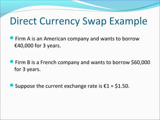Direct Currency Swap Example
Firm A is an American company and wants to borrow
€40,000 for 3 years.
Firm B is a French company and wants to borrow $60,000
for 3 years.
Suppose the current exchange rate is €1 = $1.50.
 