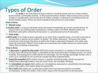 Types of OrderAn order is an instruction to buy or sell on a trading venue such as a stock market,
bond market, commodity market, or financial derivative market. These instructions can be
simple or complicated, and can be sent to either a broker or directly to a trading venue via
direct market access. There are some standard instructions for such orders.
Price in force
 Market order
A market order is a buy or sell order to be executed immediately at current market prices. As
long as there are willing sellers and buyers, market orders are filled. Market orders are
therefore used when certainty of execution is a priority over price of execution.
 Limit order
A limit order is an order to buy a security at no more than a specific price, or to sell a security at
no less than a specific price (called "or better" for either direction). This gives the trader
(customer) control over the price at which the trade is executed; however, the order may
never be executed ("filled").Limit orders are used when the trader wishes to control price
rather than certainty of execution.
Time in force
 A day order or good for day order (GFD) (the most common) is a market or limit order that is
in force from the time the order is submitted to the end of the day's trading session. For stock
markets, the closing time is defined by the exchange. For the foreign exchange market, this is
until 5 p.m. EST/EDT for all currencies except the New Zealand Dollar.
 Good-till-cancelled (GTC) orders require a specific cancelling order, which can persist
indefinitely (although brokers may set some limits, for example, 90 days).
 An immediate or cancel (IOC) orders are immediately executed or cancelled by the exchange.
Unlike FOK orders, IOC orders allow for partial fills.
 Fill or kill(FOK) orders are usually limit orders that must be executed or cancelled
immediately. Unlike IOC orders, FOK orders require the full quantity to be executed.
 