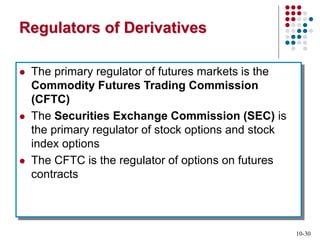 10-30
Regulators of Derivatives
 The primary regulator of futures markets is the
Commodity Futures Trading Commission
(CFTC)
 The Securities Exchange Commission (SEC) is
the primary regulator of stock options and stock
index options
 The CFTC is the regulator of options on futures
contracts
 