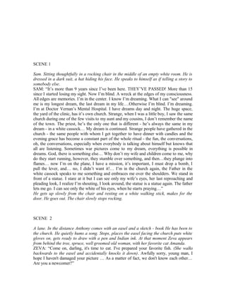 SCENE 1
Sam. Sitting thoughtfully in a rocking chair in the middle of an empty white room. He is
dressed in a dark suit, a hat hiding his face. He speaks to himself as if telling a story to
somebody else.
SAM: “It’s more than 9 years since I’ve been here. THEY’VE PASSED! More than 15
since I started losing my sight. Now I’m blind. A wreck at the edges of my consciousness.
All edges are memories. I’m in the center. I know I’m dreaming. What I can "see" around
me is my longest dream, the last dream in my life….Otherwise I’m blind. I’m dreaming.
I’m at Doctor Vernan’s Mental Hospital. I have dreams day and night. The huge space,
the yard of the clinic, has it’s own church. Strange, when I was a little boy, I saw the same
church during one of the few visits to my aunt and my cousins, I don’t remember the name
of the town. The priest, he’s the only one that is different - he’s always the same in my
dream - in a white cassock… My dream is continued. Strange people have gathered in the
church - the same people with whom I get together to have dinner with candles and the
evening grace has become a constant part of the whole ritual - the fun, the conversations,
oh, the conversations, especially when everybody is talking about himself but knows that
all are listening. Sometimes war pictures come to my dream, everything is possible in
dreams. God, there is something else… Why don’t my wife and children come to me, why
do they start running, however, they stumble over something, and then…they plunge into
flames… now I’m on the plane, I have a mission, it’s important, I must drop a bomb, I
pull the lever, and… no, I didn’t want it!… I’m in the church again, the Father in the
white cassock speaks to me something and embraces me over the shoulders. We stand in
front of a statue. I stare at it but I can see only my wife’s eyes, her last reproaching and
pleading look, I realize I’m shouting, I look around, the statue is a statue again. The father
lets me go. I can see only the white of his eyes, when he starts praying…”
He gets up slowly from the chair and resting on a white walking stick, makes for the
door. He goes out. The chair slowly stops rocking.
SCENE 2
A lane. In the distance Anthony comes with an easel and a sketch - book He has been to
the church. He quietly hums a song. Stops, places the easel facing the church puts white
gloves on, gets ready to draw with a pen and Indian ink. At that moment Zeva appears
from behind the tree, spruce, well groomed old woman, with her favorite cat Amanda.
ZEVA: “Come on, darling, it's time to eat. I've prepared your favorite fish. (She walks
backwards to the easel and accidentally knocks it down). Awfully sorry, young man, I
hope I haven't damaged your picture … As a matter of fact, we don't know each other…
Are you a newcomer?”
 