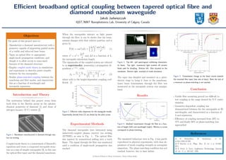 Eﬃcient broadband optical coupling between tapered optical ﬁbre and
diamond nanobeam waveguide
Jakub Jadwiszczak
IQST/NINT Nanophotonics Lab, University of Calgary, Canada
Objectives
The goals of this project were to:
• Manufacture a diamond nanostructure with a
geometry capable of supporting guided modes
of a visible and infra-red laser beam.
• Taper an optical ﬁbre to appropriate
single-mode propagation conditions, and
dimple it to allow access to nano-sized
features of the diamond structure.
• Employ coupled mode theory in simulations
and experiment to describe power transfer
between the two waveguides.
• Realise phase-matched coupling between the
nanobeam and ﬁbre modes, and characterise
this as a function of wavelength and
waveguide separation.
Introduction and Theory
The motivation behind this project stems from
work done in the Barclay group on the optome-
chanical properties of diamond [1] and those of
nitrogen-vacancy (N-V) centres [2].
Figure 1: Nanobeam manufactured in diamond through reac-
tive ion etching.
Coupled mode theory is a restatement of Maxwell’s
equations and treats a compound waveguide struc-
ture as a sum of simpler waveguides [3], in this case
the optical ﬁbre taper and the diamond nanobeam.
When the waveguides interact as light passes
through the ﬁbre, it can be shown that the trans-
mission changes with their relative position, and is
given by:
T(h) = cos2
(sL) +


∆β
2


2
sin2
(sL)
s2
(1)
where s2
= κ2
+
∆β2
4
and ∆β is a function of L,
the waveguide interaction length.
The eigenmodes of the coupled system are referred
to as supermodes, possessing a propagation de-
pendence e−iβ±z
, with:
β± =
βf + βn
2
±


βf − βn
2


2
+ κ2 (2)
where κ(h) is the height-dependent coupling coef-
ﬁcient. [1]
Figure 2: Eﬀective index dispersion for the waveguide modes.
Supermodes derived from (2) are shown by the solid curves.
Experimental Methods
The diamond waveguides were fabricated using
inductively-coupled plasma reactive ion etching
(ICPRIE), as seen in Fig. 1. The optical ﬁbre
was tapered by symmetrical pulling over a torch
ﬂame. The signal through the ﬁbre was monitored
until a condition of single-mode propagation was
reached.
Figure 3: Top left: pull spectrogram exhibiting characteris-
tic beats. Top right: evanescent light scatters oﬀ ceramic
blade used for dimpling. Bottom left: ﬁbre situated on the
nanobeam. Bottom right: example of mode simulation.
The taper was dimpled and mounted on a piezo-
electric stage to bring it close to the nanobeam.
Laser beam transmission through the ﬁbre was
monitored as the waveguide system was manipu-
lated.
Results
Figure 4: Idealised transmission through the ﬁbre as a func-
tion of height (left) and wavelength (right). Minima in curves
correspond to phase-matching.
The simulated behaviour seen in Fig. 4 was partly
reproduced in physical experiments, with clear de-
pendence of mode coupling strength on waveguide
separation. The phase-matching condition was not
reached, however, due to laser failure.
Figure 5: Transmission change as the beam moves towards
the mounted ﬁbre taper (two sets of data). Note the lack of
a minimum as phase-matching is not reached.
Conclusion
• Visible ﬁbre mounting proved too diﬃcult to
test coupling in the range desired for N-V centre
emission.
• Geometry-dependent coupling was
demonstrated between the two waveguides at IR
wavelengths, and characterised as a function of
λ and separation.
• Eﬃciency of coupling increased from 20% to
57% and ﬁnally 68% as phase-matching was
approached.
References
[1] B. Khanaliloo, H. Jayakumar, et al.,
arXiv:1502.01788.
[2] P. Barclay, et al., Phys. Rev. X, vol. 1, p. 011007,
2011.
[3] E. Peral, A. Yariv, Lightwave Technology, Journal
of, vol. 17, p. 942-947, 1999.
 