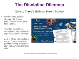The Discipline Dilemma
Zero to Three’s National Parent Survey
• Revealed that parents
struggle with finding
effective ways...
