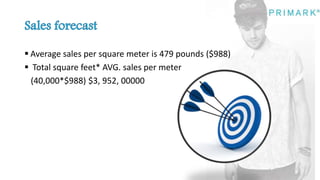  Average sales per square meter is 479 pounds ($988)
 Total square feet* AVG. sales per meter
(40,000*$988) $3, 952, 00000
 