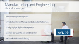 Durchgängiges Rights Management
Schutz der Engineering Daten
Einheitliches Device Management über alle Plattformen
Kontrolle der Zugriffe auf sensible Daten
Mehr-Faktor-Authentifizierung
Manufacturing und Engineering
Herausforderungen
 