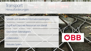 Geschützter Datenabgleich
Schnelle und detaillierte Informationsweitergabe
Zugriff auf Corporate Ressourcen von überall
Collaboration
Robustes System
Transport
Herausforderungen
 