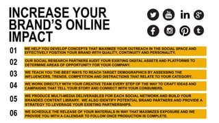 WE HELP YOU DEVELOP CONCEPTS THAT MAXIMIZE YOUR OUTREACH IN THE SOCIAL SPACE AND
EFFECTIVELY POSITION YOUR BRAND WITH QUALITY, CONTINUITY AND PERSONALITY.
INCREASE YOUR
BRAND’S ONLINE
IMPACT
WE PRODUCE MULTI-MEDIA DELIVERABLES FOR EACH SOCIAL NETWORK AND BUILD YOUR
BRANDED CONTENT LIBRARY. WE ALSO IDENTIFY POTENTIAL BRAND PARTNERS AND PROVIDE A
STRATEGY TO LEVERAGE YOUR EXISTING PARTNERSHIPS.
OUR SOCIAL RESEARCH PARTNERS AUDIT YOUR EXISTING DIGITAL ASSETS AND PLATFORMS TO
DETERMINE AREAS OF OPPORTUNITY FOR YOUR COMPANY.
WE TEACH YOU THE BEST WAYS TO REACH TARGET DEMOGRAPHICS BY ASSESSING THE
INFLUENCERS, TRENDS, COMPETITION AND DISTRACTIONS THAT RELATE TO YOUR CATEGORY.
01
02
03
04 WE WORK DIRECTLY WITH YOUR CREATIVE TEAM EVERY STEP OF THE WAY TO CRAFT IDEAS AND
CAMPAIGNS THAT TELL YOUR STORY AND CONNECT WITH YOUR CONSUMERS.
05
06 WE SCHEDULE THE RELEASE OF YOUR MATERIALS IN WAY THAT MAXIMIZES EXPOSURE AND WE
PROVIDE YOU WITH A CALENDAR TO FOLLOW ONCE PRODUCTION IS COMPLETE.
 