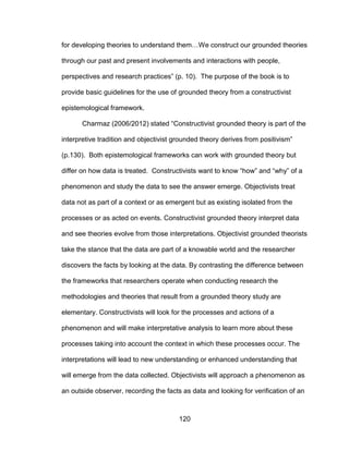 120
for developing theories to understand them…We construct our grounded theories
through our past and present involvements and interactions with people,
perspectives and research practices” (p. 10). The purpose of the book is to
provide basic guidelines for the use of grounded theory from a constructivist
epistemological framework.
Charmaz (2006/2012) stated “Constructivist grounded theory is part of the
interpretive tradition and objectivist grounded theory derives from positivism”
(p.130). Both epistemological frameworks can work with grounded theory but
differ on how data is treated. Constructivists want to know “how” and “why” of a
phenomenon and study the data to see the answer emerge. Objectivists treat
data not as part of a context or as emergent but as existing isolated from the
processes or as acted on events. Constructivist grounded theory interpret data
and see theories evolve from those interpretations. Objectivist grounded theorists
take the stance that the data are part of a knowable world and the researcher
discovers the facts by looking at the data. By contrasting the difference between
the frameworks that researchers operate when conducting research the
methodologies and theories that result from a grounded theory study are
elementary. Constructivists will look for the processes and actions of a
phenomenon and will make interpretative analysis to learn more about these
processes taking into account the context in which these processes occur. The
interpretations will lead to new understanding or enhanced understanding that
will emerge from the data collected. Objectivists will approach a phenomenon as
an outside observer, recording the facts as data and looking for verification of an
 