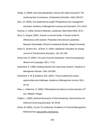 235
Dodds, A. (2008). How does globalization interact with higher education? The
continuing lack of consensus. Comparative Education, 44(4), 505-517.
Doh, J.P. (2003). Can leadership be taught? Perspectives from management
educators. Academy of Management Learning and Education, 2(1), 54-67.
Downey, C. (2002). Moved to Motivate. Leadership, March/April 2002, 30-31.
Drury, S. (August, 2005). Teacher as servant leader: A faculty model for
effectiveness with students. Presented at the Servant Leadership
Research Roundtable. School of Leadership Studies, Regent University.
Ebert, O., Burford, M.L., & Brian, D. (2003). Highlander: Education for change.
Journal of Transformative Education, 1(4), 321-340.
Eicher-Catt, D. (2005). The myth of servant leadership: A feminist perspective.
Women and Language, 28(1), 17-25.
Eisenhardt, K. (1989). Building theories from case study research. Academy of
Management Review, 14(4), 532-550.
Eisenhardt, K. M. & Graebner, M.E. (2007). Theory building from cases:
opportunities and challenges. Academy of Management Journal, 50(1),
25–32.
Elias, J., & Merriam, S. (2005). Philosophical foundations of adult education (3rd
ed.). Malabar: Krieger.
English, L. (2000). Spiritual dimensions of informal learning. New Directions for
Adult and Continuing Education, 85, 29-38.
Evans, M. (2005). Course 18: Leadership. Excellence in Financial Management.
Retrieved from www.exinfm.com/training.
 