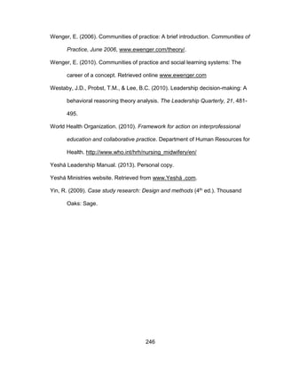 246
Wenger, E. (2006). Communities of practice: A brief introduction. Communities of
Practice, June 2006, www.ewenger.com/theory/.
Wenger, E. (2010). Communities of practice and social learning systems: The
career of a concept. Retrieved online www.ewenger.com
Westaby, J.D., Probst, T.M., & Lee, B.C. (2010). Leadership decision-making: A
behavioral reasoning theory analysis. The Leadership Quarterly, 21, 481-
495.
World Health Organization. (2010). Framework for action on interprofessional
education and collaborative practice. Department of Human Resources for
Health. http://www.who.int/hrh/nursing_midwifery/en/
Yeshá Leadership Manual. (2013). Personal copy.
Yeshá Ministries website. Retrieved from www.Yeshá .com.
Yin, R. (2009). Case study research: Design and methods (4th ed.). Thousand
Oaks: Sage.
 
