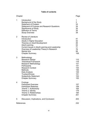 vi
Table of contents
Chapter Page
1 Introduction 1
Background of the Study 3
Statement of Problem 33
Statement of Purpose and Research Questions 34
Significance of Study 35
Definition of Terms 35
Study Overview 39
2 Review of Literature
Introduction 41
Adults in Higher Education 42
Theories on Adult Development 46
Adult Learning 54
Current Issues in Adult Learning and Leadership 71
Overview of Leadership Theory in Research 76
Martial Arts 99
Chapter Summary 108
3 Methodology
Research Design 110
Theoretical Framework 116
Research Methodology 121
Participants 141
Research Context 144
Methods 146
Data Analysis 149
Trustworthiness 151
Subjectivity Statement 153
Chapter Summary 155
4 Findings
Participant Overview 157
Participant Sketches 158
Theme 1: Authenticity 164
Theme 2: Identity 179
Theme 3: Relationships 184
Chapter Summary 201
5 Discussion, Implications, and Conclusion 203
References 232
 
