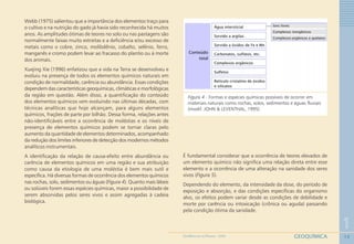 13
1
GEOQUÍMICAGEOMEDICINA NO PARANÁ - 2009
Webb (1975) salientou que a importância dos elementos traço para
o cultivo e na nutrição do gado já havia sido reconhecida há muitos
anos. As amplitudes ótimas de teores no solo ou nas pastagens são
normalmente faixas muito estreitas e a deficiência e/ou excesso de
metais como o cobre, zinco, molibdênio, cobalto, selênio, ferro,
manganês e cromo podem levar ao fracasso do plantio ou à morte
dos animais.
Xuejing Xie (1996) enfatizou que a vida na Terra se desenvolveu e
evoluiu na presença de todos os elementos químicos naturais em
condição de normalidade, carência ou abundância. Essas condições
dependem das características geoquímicas, climáticas e morfológicas
da região em questão. Além disso, a quantificação do conteúdo
dos elementos químicos vem evoluindo nas últimas décadas, com
técnicas analíticas que hoje alcançam, para alguns elementos
químicos, frações de parte por bilhão. Dessa forma, relações antes
não-identificáveis entre a ocorrência de moléstias e os níveis de
presença de elementos químicos podem se tornar claras pelo
aumento da quantidade de elementos determinados, acompanhado
da redução dos limites inferiores de detecção dos modernos métodos
analíticos instrumentais.
A identificação da relação de causa-efeito entre abundância ou
carência de elementos químicos em uma região e sua atribuição
como causa da etiologia de uma moléstia é bem mais sutil e
específica. Há diversas formas de ocorrência dos elementos químicos
nas rochas, solo, sedimentos ou águas (Figura 4). Quanto mais lábeis
ou solúveis forem essas espécies químicas, maior a possibilidade de
serem absorvidas pelos seres vivos e assim agregadas à cadeia
biológica.
Figura 4 - Formas e espécies químicas possíveis de ocorrer em
materiais naturais como rochas, solos, sedimentos e águas fluviais
(modif. JOHN & LEVENTHAL, 1995)
É fundamental considerar que a ocorrência de teores elevados de
um elemento químico não significa uma relação direta entre esse
elemento e a ocorrência de uma alteração na sanidade dos seres
vivos (Figura 5).
Dependendo do elemento, da intensidade da dose, do período de
exposição e absorção, e das condições específicas do organismo
alvo, os efeitos podem variar desde as condições de debilidade e
morte por carência ou intoxicação (crônica ou aguda) passando
pela condição ótima da sanidade.
 