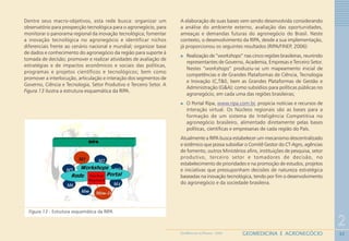 32
2
GEOMEDICINA E AGRONEGÓCIOGEOMEDICINA NO PARANÁ - 2009
Figura 13 - Estrutura esquemática da RIPA
Dentre seus macro-objetivos, esta rede busca: organizar um
observatório para prospecção tecnológica para o agronegócio, para
monitorar o panorama regional da inovação tecnológica; fomentar
a inovação tecnológica no agronegócio e identificar nichos
diferenciais frente ao cenário nacional e mundial; organizar base
de dados e conhecimento do agronegócio da região para suporte à
tomada de decisão; promover e realizar atividades de avaliação de
estratégias e de impactos econômicos e sociais das políticas,
programas e projetos científicos e tecnológicos; bem como
promover a interlocução, articulação e interação dos segmentos de
Governo, Ciência e Tecnologia, Setor Produtivo e Terceiro Setor. A
Figura 13 ilustra a estrutura esquemática da RIPA.
A elaboração de suas bases vem sendo desenvolvida considerando
a análise do ambiente externo, avaliação das oportunidades,
ameaças e demandas futuras do agronegócio do Brasil. Neste
contexto, o desenvolvimento da RIPA, desde a sua implementação,
já proporcionou os seguintes resultados (RIPA/FINEP, 2006):
Realização de “workshops” nas cinco regiões brasileiras, reunindo
representantes de Governo, Academia, Empresas e Terceiro Setor.
Nestes “workshops” produziu-se um mapeamento inicial de
competências e de Grandes Plataformas de Ciência, Tecnologia
e Inovação (C,T&I), bem as Grandes Plataformas de Gestão e
Administração (G&A); como subsídios para políticas públicas no
agronegócio, em cada uma das regiões brasileiras;
O Portal Ripa, www.ripa.com.br, propicia notícias e recursos de
interação virtual. Os Núcleos regionais são as bases para a
formação de um sistema de Inteligência Competitiva no
agronegócio brasileiro, alimentado diretamente pelas bases
políticas, científicas e empresarias de cada região do País.
Atualmente a RIPA busca estabelecer um mecanismo descentralizado
e sistêmico que possa subsidiar o Comitê Gestor do CT-Agro, agências
de fomento, outros Ministérios afins, instituições de pesquisa, setor
produtivo, terceiro setor e tomadores de decisão, no
estabelecimento de prioridades e na promoção de estudos, projetos
e iniciativas que pressuponham decisões de natureza estratégica
baseadas na inovação tecnológica, tendo por fim o desenvolvimento
do agronegócio e da sociedade brasileira.
 