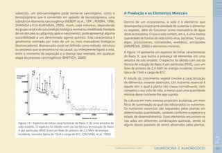 35
2
GEOMEDICINA E AGRONEGÓCIOGEOMEDICINA NO PARANÁ - 2009
substrato, um pró-carcinógeno pode tornar-se carcinógeno, como o
benzo[a]pireno que é convertido em epóxido de benzo[a]pireno, uma
substância altamente carcinogênica (NEBERT et al., 1991; PERERA, 1996;
SHIMADA e FUJI-KURIYAMA, 2005). Assim, cada indivíduo, dependendo
do grupo racial e da sua condição biológica normal ou modificada (herdada
de um dos pais ou adquirida após o nascimento), pode apresentar alguma
suscetibilidade a um determinado agente químico. Esta característica é
geralmente estimada por meio de um ou mais marcadores biológicos
(biomarcadores). Biomarcador pode ser definido como método, estrutura
ou processo que se encontra na via causal, ou intimamente ligado a esta,
entre o momento da exposição e a doença (por exemplo, em qualquer
etapa do processo carcinogênico) (BARTSCH, 2000).
Figura 14 - Espectro de linhas características de Raios X de uma amostra de
solo erodido. O espectro foi obtido com uso da técnica de indução de Raios
X por partículas (PIXE) com um feixe de prótons de 2,4 MeV de energia
incidente, corrente típica de 15nA e carga de 81C (CRUVINEL et al, 1993)
A Produção e os Elementos Minerais
Dentro de um ecossistema, o solo é o elemento que
desempenha a importante atividade de sustentar e alimentar
os vegetais, além de funcionar como reservatório de água
deste ecossistema. O que o solo contém, em si, é uma imensa
quantidade de formas de vida como vírus, bactérias, fungos,
algas, protozoários, nematóides, anelídeos, artrópodes
(WIKIPÉDIA, 2006) e elementos minerais.
A Figura 14 apresenta um espectro de linhas características
de Raios X, que ilustra a presença de elementos em uma
amostra de solo erodido. O espectro foi obtido com uso da
técnica de indução de Raios X por partículas (PIXE), com um
feixe de prótons de 2,4 MeV de energia incidente, corrente
típica de 15nA e carga de 81C.
O estudo do crescimento vegetal envolve a caracterização
de elementos minerais essenciais. Um nutriente essencial é
aquele sem o qual a planta não cresce normalmente, nem
completa o seu ciclo de vida, a menos que uma quantidade
mínima desse nutriente lhe seja suprida.
As culturas em meio arenoso propiciam às plantas um meio
físico de sustentação ao qual são adicionados os nutrientes.
Os nutrientes essenciais são requeridos pelas plantas em
determinadas quantidades, variáveis conforme a espécie e o
estado de desenvolvimento. Esses elementos encontram-se
nos solos em diferentes combinações químicas, sendo só
alguns desses passíveis de serem absorvidos pelas plantas.
 