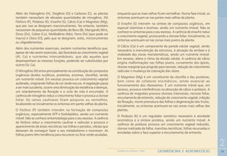 36
2
GEOMEDICINA E AGRONEGÓCIOGEOMEDICINA NO PARANÁ - 2009
Além do Hidrogênio (H), Oxigênio (O) e Carbono (C), as plantas
também necessitam de elevadas quantidades de nitrogênio, (N)
Fósforo (P), Potássio (K), Enxofre (S), Cálcio (Ca) e Magnésio (Mg),
que por isso se designam macronutrientes. No entanto, também
necessitam de pequenas quantidades de Boro (B), Manganês (Mn),
Zinco (Zn), Cobre (Cu), Molibdênio (Mo), Ferro (Fe) (que pode ser
macro) e Cloro (Cl), pelo que se designam, estes, micronutrientes
ou oligoelementos.
Além dos nutrientes essenciais, existem nutrientes benéficos que,
apesar de não serem essenciais, são favoráveis ao crescimento vegetal
(Al, Co) e nutrientes intercambiáveis, que são aqueles que
desempenham as mesmas funções, podendo ser substituídos por
outros (Sr, Ca).
O Nitrogênio (N) entra principalmente na constituição de compostos
orgânicos (ácidos nucléicos, proteínas, enzimas, clorofila), sendo
um nutriente móvel. Em excesso provoca um crescimento vegetal
acelerado, originando folhas de cor verde-escura. A vegetação passa
a ser mais suculenta, ocorre uma diminuição da resistência a doenças,
um retardamento da floração e o ciclo de vida é encurtado. A
carência de nitrogênio reduz o crescimento foliar e provoca a clorose
foliar. Os ramos caulinares ficam púrpuros ou vermelhos,
localizando-se inicialmente os sintomas em partes velhas da planta.
O Fósforo (P) também intervém na formação de compostos
orgânicos, especialmente ATP e fosfolipídios, sendo um nutriente
móvel. Não se conhece sintomatologia para o seu excesso. A carência
de fósforo reduz o crescimento caulinar e radicular e provoca o
aparecimento de áreas necróticas nas folhas e pecíolos, células que
deixaram de conseguir fazer o seu metabolismo e morreram. As
folhas jovens têm tendência para escurecer ou ficar verde-azuladas,
enquanto que as mais velhas ficam vermelhas. Numa fase inicial, os
sintomas acentuam-se nas partes mais velhas da planta.
O Enxofre (S) intervém na síntese de compostos orgânicos, em
especial vitaminas e enzimas, sendo um nutriente imóvel. Não se
conhece os sintomas para o seu excesso. A carência de enxofre reduz
o crescimento vegetal, provocando a clorose foliar. Inicialmente, os
sintomas acentuam-se nas zonas mais jovens da planta.
O Cálcio (Ca) é um componente da parede celular vegetal, sendo
necessário à manutenção da estrutura, à ativação da amilase e à
vitalidade das zonas meristemáticas, sendo um nutriente imóvel.
Em excesso, altera o ritmo da divisão celular. A carência de cálcio
origina malformações nas folhas jovens, curvamento dos ápices,
clorose marginal que progride para necrose, redução do crescimento
radicular e mudança da coloração das raízes.
O Magnésio (Mg) é um constituinte da clorofila e das proteínas,
bem como de cofatores enzimáticos, sendo essencial ao
funcionamento dos ribossomos. É um nutriente móvel que, em
excesso, provoca interferências na absorção de cálcio e potássio. A
carência de magnésio provoca cloroses intervenais, necrose foliar,
encurtamento de entrenós, redução do crescimento vegetal, inibição
da floração, morte prematura das folhas e degeneração dos frutos.
Inicialmente, os sintomas acentuam-se nas zonas mais velhas das
plantas.
O Potássio (K) é um regulador osmótico necessário à atividade
enzimática e à síntese protéica, sendo um nutriente móvel. A
carência de potássio provoca um crescimento vegetal reduzido,
clorose matizada da folha, manchas necróticas, folhas recurvadas e
enroladas sobre a face superior e encurtamento de entrenós.
 