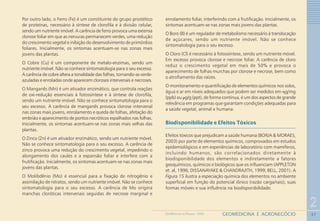 37
2
GEOMEDICINA E AGRONEGÓCIOGEOMEDICINA NO PARANÁ - 2009
Por outro lado, o Ferro (Fe) é um constituinte do grupo prostético
de proteínas, necessário à síntese de clorofila e à divisão celular,
sendo um nutriente imóvel. A carência de ferro provoca uma extensa
clorose foliar em que as nervuras permanecem verdes, uma redução
do crescimento vegetal e inibição do desenvolvimento de primórdios
foliares. Inicialmente, os sintomas acentuam-se nas zonas mais
jovens das plantas.
O Cobre (Cu) é um componente de metalo-enzimas, sendo um
nutriente imóvel. Não se conhece sintomatologia para o seu excesso.
A carência de cobre altera a tonalidade das folhas, tornando-as verde-
azuladas e enroladas onde aparecem cloroses intervenais e necroses.
O Manganês (Mn) é um ativador enzimático, que controla reações
de oxi-redução essenciais à fotossíntese e à síntese de clorofila,
sendo um nutriente imóvel. Não se conhece sintomatologia para o
seu excesso. A carência de manganês provoca clorose intervenal
nas zonas mais jovens, enrolamento e queda de folhas, afetação do
embrião e aparecimento de pontos necróticos espalhados nas folhas.
Inicialmente, os sintomas acentuam-se nas zonas mais velhas das
plantas.
O Zinco (Zn) é um ativador enzimático, sendo um nutriente móvel.
Não se conhece sintomatologia para o seu excesso. A carência de
zinco provoca uma redução do crescimento vegetal, impedindo o
alongamento dos caules e a expansão foliar e interfere com a
frutificação. Inicialmente, os sintomas acentuam-se nas zonas mais
jovens das plantas.
O Molibdênio (Mo) é essencial para a fixação de nitrogênio e
assimilação de nitratos, sendo um nutriente imóvel. Não se conhece
sintomatologia para o seu excesso. A carência de Mo origina
manchas cloróticas intervenais seguidas de necrose marginal e
enrolamento foliar, interferindo com a frutificação. Inicialmente, os
sintomas acentuam-se nas zonas mais jovens das plantas.
O Boro (B) é um regulador de metabolismo necessário à translocação
de açúcares, sendo um nutriente imóvel. Não se conhece
sintomatologia para o seu excesso.
O Cloro (Cl) é necessário à fotossíntese, sendo um nutriente móvel.
Em excesso provoca clorose e necrose foliar. A carência de cloro
reduz o crescimento vegetal em mais de 50% e provoca o
aparecimento de folhas murchas por clorose e necrose, bem como
o atrofiamento das raízes.
O monitoramento e quantificação de elementos químicos nos solos,
água e ar em níveis adequados que podem ser medidos em ηg/mg
(ppb) ou ρg/g (ppt), de forma contínua, é um dos aspectos de grande
relevância em programas que garantam condições adequadas para
a saúde vegetal, animal e humana.
Biodisponibilidade e Efeitos Tóxicos
Efeitos tóxicos que prejudicam a saúde humana (BORJA & MORAES,
2003) por parte de elementos químicos, comprovados em estudos
epidemiológicos e em experiências de laboratório com mamíferos,
incluindo humanos, são correlacionados diretamente à
biodisponibilidade dos elementos e indiretamente a fatores
geoquímicos, químicos e biológicos que os influenciam (APPLETON
et. al, 1996; DISSANAYAKE & CHANDRAJITH, 1999; BELL, 2001). A
Figura 15 ilustra a especiação química dos elementos no ambiente
superficial em função do potencial iônico (razão carga/raio), suas
formas móveis e sua influência na biodisponibilidade.
 