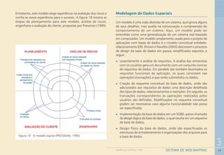 48
3
SISTEMA DE WEB MAPPINGGEOMEDICINA NO PARANÁ - 2009
Entretanto, este modelo exige experiência na avaliação dos riscos e
confia-se nessa experiência para o sucesso. A Figura 18 mostra as
etapas de planejamento para este modelo, análise de riscos,
engenharia e avaliação do cliente, propostas por Pressman (1995).
Figura 18 - O modelo espiral (PRESSMAN, 1995)
Modelagem de Dados Espaciais
Um modelo é uma visão abstrata de um sistema, que ignora alguns
de seus detalhes, mas auxilia na estruturação e compreensão do
comportamento de um sistema. Aqui, um modelo pode ser
entendido como uma generalização de um sistema real baseado
em computador. Um modelo amplamente usado para o projeto de
aplicações com bases de dados é o modelo conceitual entidade-
relacionamento (ER). Elmasri e Navathe (2003) descrevem o processo
de design da base de dados em passos simplificados expostos a
seguir:
Levantamento e análise de requisitos. A análise das entrevistas
com os usuários gera um documento com um conjunto conciso
de requisitos de dados. Em paralelo são também levantados os
requisitos funcionais da aplicação, os quais consistem nas
operações (transações) a que serão submetidos os dados;
Criação do esquema conceitual da base de dados, onde são
adicionados aos requisitos de dados uma descrição detalhada
dos tipos de dados, relacionamentos e restrições. Em seguida, as
transações correspondentes às operações realizadas pelos
usuários são definidas. Modificações no esquema conceitual
podem ser necessárias caso alguma funcionalidade não possa
ser especificada;
Implementação da base de dados em um SGBD, passo chamado
de design lógico da base de dados, o qual resulta em um esquema
da base de dados;
Design físico da base de dados, onde são especificadas as
estruturas de armazenamento e organizações dos arquivos para
a base de dados.
 