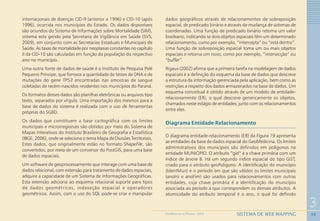 50
3
SISTEMA DE WEB MAPPINGGEOMEDICINA NO PARANÁ - 2009
internacionais de doenças CID-9 (anterior a 1996) e CID-10 (após
1996), ocorrida nos municípios do Estado. Os dados disponíveis
são oriundos do Sistema de Informações sobre Mortalidade (SIM),
sistema este gerido pela Secretaria de Vigilância em Saúde (SVS,
2009), em conjunto com as Secretarias Estaduais e Municipais de
Saúde. As taxas de mortalidade por neoplasias constantes no capítulo
II da CID-10 são calculadas em função da população do respectivo
ano no município.
Uma outra fonte de dados de saúde é o Instituto de Pesquisa Pelé
Pequeno Príncipe, que fornece a quantidade de testes de DNA e de
mutações do gene TP53 encontradas nas amostras de sangue
coletadas de recém-nascidos residentes nos municípios do Paraná.
Os formatos desses dados são planilhas eletrônicas ou arquivos tipo
texto, separados por vírgula. Uma importação dos mesmos para a
base de dados do sistema é realizada com o uso de ferramentas
próprias do SGBD.
Os dados que constituem a base cartográfica com os limites
municipais e microrregionais são obtidos por meio do Sistema de
Mapas Interativos do Instituto Brasileiro de Geografia e Estatística
(IBGE, 2006), onde se seleciona o tema Mapa de Divisões Territoriais.
Estes dados, que originalmente estão no formato ShapeFile, são
convertidos, por meio de um conversor do PostGIS, para uma base
de dados espaciais.
Um software de geoprocessamento que interage com uma base de
dados relacional, com extensão para tratamento de dados espaciais,
adquire a capacidade de um Sistema de Informações Geográficas.
Esta extensão adiciona ao esquema relacional suporte para tipos
de dados geométricos, indexação espacial e operadores
geométricos. Assim, com o uso do SQL pode-se criar e manipular
dados geográficos através de relacionamentos de sobreposição
espacial, de predicado binário e através de mudança de sistemas de
coordenadas. Uma função de predicado binário retorna um valor
booleano, indicando se dois objetos espaciais têm um determinado
relacionamento, como por exemplo, “intercepta” ou “está dentro”.
Uma função de sobreposição espacial toma um ou mais objetos
espaciais e retorna um novo, como por exemplo, “intersecção” ou
“buffer”.
Rigaux (2002) afirma que a primeira tarefa na modelagem de dados
espaciais é a definição do esquema da base de dados que descreve
a estrutura da informação gerenciada pela aplicação, bem como as
restrições a respeito dos dados armazenados na base de dados. Um
esquema conceitual é obtido através de um modelo de entidade-
relacionamento (ER), o qual descreve genericamente os objetos,
chamados neste estágio de entidades, junto com os relacionamentos
entre eles.
Diagrama Entidade-Relacionamento
O diagrama entidade-relacionamento (ER) da Figura 19 apresenta
as entidades da base de dados espacial do GeoMedicina. Os limites
administrativos dos municípios são definidos em polígonos na
entidade MUNICIPIO. O atributo “gid” é a chave primária com um
índice de árvore B. Há um segundo índice espacial do tipo GiST,
criado para o atributo geoPoligono. A identificação do município
(IdentMun) e o período em que são válidos os limites municipais
(anoIni e anoFim) são usados para relacionamentos com outras
entidades, cuja chave primária é a identificação do município
associada ao período a que correspondem os demais atributos. A
atomicidade do atributo temporal é o ano, o qual foi definido
 