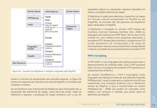 66
3
SISTEMA DE WEB MAPPINGGEOMEDICINA NO PARANÁ - 2009
Figura 26 - Esquema do MapServer e módulos integrados pelo MapFile
escala e o formato da apresentação das consultas espaciais. A Figura 26
mostra um esquema que relaciona, por meio do MapFile, os módulos que
compõem o sistema.
As características mais importantes do MapServer para este projeto são: a
automação dos elementos de mapas, como barra de escala, mapa de
referência e legenda; a produção de mapas temáticos com o uso de
expressões lógicas ou expressões regulares baseadas em
classes; a projeção dinâmica de mapas.
O MapServer é usado para selecionar e especificar os mapas
em formato vetorial armazenados no PostGIS ou em
ShapeFiles. As consultas SQL são expressas nos respectivos
layers declarados no MapFile.
O MapServer é integrado ao servidor HTTP através das
interfaces Common Gateway Interface (CGI, 2006) ou
linguagens de scripting como PHP, Pyton, Perl ou Java. O CGI
consiste em uma interface entre programas executáveis e
servidores HTTP. Através desta interface, o programa em CGI
recebe parâmetros de configuração e de modo de
funcionamento, executa um processamento correspondente
e retorna o resultado do seu processamento ao servidor HTTP.
PHP e Scripting
O PHP (2007) é uma linguagem de scripting própria para o
desenvolvimento de interfaces Web. Com o PHP é possível
fazer com que uma página de conteúdo HTTP apresente um
comportamento dinâmico.
No projeto GeoMedicina, o PHP é empregado como
linguagem de scripting por meio de uma extensão chamada
PHPMapscript, a qual é usada para a criação de uma API que
implementa uma interação dinâmica com o MapServer
através do MapFile, o qual é transformado em classes
(PhpMapscript , 2006) que podem ser acessadas como
objetos, com atributos e métodos que atuam sobre os
elementos do MapFile.
 