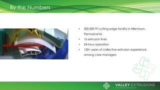 By the Numbers
• 200,000 ft2 cutting-edge facility in Allentown,
Pennsylvania
• 16 extrusion lines
• 24-hour operation
• 130+ years of collective extrusion experience
among core managers
 