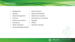 Industries
• Refrigeration
• Lighting
• Medical Equipment
• Furniture
• Telecommunication
• Aerospace
• Water Treatment
• Modular Building Dividers
• Safety Products
• Agricultural Feeders
• High Power Insulators
• Food Service Accessories
• Signage
• Military
• All-Terrain Vehicles
 