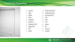 Materials Expertise
• Acrylic
• ABS
• HDPE
• HIPS
• HMWPE
• NORYLTM
• Flexible PVC®
• Rigid PVC
• PET
• PETG
• Polycarbonate
• Polypropylene
• SantopreneTM
• TPE
• TPO
• TPU
• Nylon
• PE
• Surlyn®
• Hytrel®
 