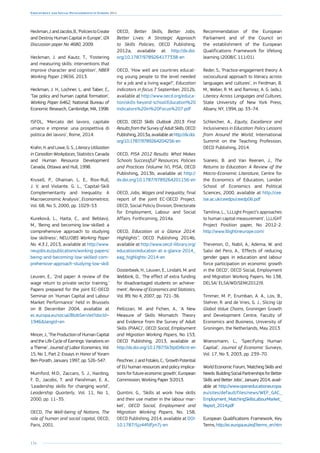 134
Employment and Social Developments in Europe 2014
Heckman,J.andJacobs,B.,‘PoliciestoCreate
and Destroy Human Capital in Europe’, IZA
Discussion paper No 4680, 2009.
Heckman, J. and Kautz, T., ‘Fostering
and measuring skills: interventions that
improve character and cognition’, NBER
Working Paper 19656, 2013.
Heckman, J. H., Lochner, L. and Taber, C.,
‘Tax policy and human capital formation’,
Working Paper 6462, National Bureau of
Economic Research, Cambridge, MA, 1998.
ISFOL, ‘Mercato del lavoro, capitale
umano e imprese: una prospettiva di
politica del lavoro’, Rome, 2014.
Krahn, H. and Lowe, G. S., Literacy Utilization
in Canadian Workplaces, Statistics Canada
and Human Resource Development
Canada, Ottawa and Hull, 1998.
Krusell, P., Ohanian, L. E., Rios-Rull,
J. V. and Violante, G. L., ‘Capital-Skill
Complementarity and Inequality: A
Macroeconomic Analysis’, Econometrica,
Vol. 68, No 5, 2000, pp. 1029–53.
Kureková, L., Haita, C., and Beblavý,
M., ‘Being and becoming low-skilled: a
comprehensive approach to studying
low skillness’, NEUJOBS Working Paper
No. 4.3.1, 2013, available at http://www.
neujobs.eu/publications/working-papers/
being-and-becoming-low-skilled-com-
prehensive-approach-studying-low-skill
Leuven, E., ‘2nd paper: A review of the
wage return to private sector training,’
Papers prepared for the joint EC-OECD
Seminar on ‘Human Capital and Labour
Market Performance’ held in Brussels
on 8 December 2004, available at
ec.europa.eu/social/BlobServlet?docId=
1946langId=en
Mincer, J., ‘The Production of Human Capital
and the Life Cycle of Earnings: Variations on
a Theme’, Journal of Labor Economics, Vol.
15, No 1, Part 2: Essays in Honor of Yoram
Ben-Porath, January 1997, pp. S26–S47.
Mumford, M.D., Zaccaro, S. J., Harding,
F. D., Jacobs, T. and Fleishman, E. A.,
‘Leadership skills for changing world’,
Leadership Quarterly, Vol. 11, No 1,
2000, pp. 11–35.
OECD, The Well-being of Nations, The
role of human and social capital, OECD,
Paris, 2001.
OECD, Better Skills, Better Jobs,
Better Lives: A Strategic Approach
to Skills Policies, OECD Publishing,
2012a, available at http://dx.doi.
org/10.1787/9789264177338-en
OECD, ‘How well are countries educat-
ing young people to the level needed
for a job and a living wage?’, Education
indicators in focus 7 September, 2012b,
available at http://www.oecd.org/educa-
tion/skills-beyond-school/Education%20
Indicators%20in%20Focus%207.pdf
OECD, OECD Skills Outlook 2013: First
Results from the Survey of Adult Skills, OECD
Publishing, 2013a, available at http://dx.doi.
org/10.1787/9789264204256-en
OECD, PISA 2012 Results: What Makes
Schools Successful? Resources, Policies
and Practices (Volume IV), PISA, OECD
Publishing, 2013b, available at http://
dx.doi.org/10.1787/9789264201156-en
OECD, Jobs, Wages and Inequality, final
report of the joint EC-OECD Project.
OECD, Social Policiy Division, Directorate
for Employment, Labour and Social
Affairs. Forthcoming, 2014a.
OECD, Education at a Glance 2014:
Highlights”, OECD Publishing 2014b,
available at http://www.oecd-ilibrary.org/
education/education-at-a-glance-2014_
eag_highlights-2014-en
Oosterbeek, H., Leuven, E., Lindahl, M. and
Webbink, D., ‘The effect of extra funding
for disadvantaged students on achieve-
ment’, Review of Economics and Statistics,
Vol. 89, No 4, 2007, pp. 721–36.
Pellizzari, M. and Fichen, A., ‘A New
Measure of Skills Mismatch: Theory
and Evidence from the Survey of Adult
Skills (PIAAC)’, OECD Social, Employment
and Migration Working Papers, No 153,
OECD Publishing, 2013, available at
http://dx.doi.org/10.1787/5k3tpt04lcnt-en
Peschner, J. and Fotakis, C., ‘Growth Potential
of EU human resources and policy implica-
tions for future economic growth’, European
Commission, Working Paper 3/2013.
Quintini, G., ‘Skills at work: how skills
and their use matter in the labour mar-
ket’, OECD Social, Employment and
Migration Working Papers, No. 158,
OECD Publishing, 2014, available at DOI:
10.1787/5jz44fdfjm7j-en
Recommendation of the European
Parliament and of the Council on
the establishment of the European
Qualifications Framework for lifelong
learning (2008/C 111/01).
Reder, S., ‘Practice-engagement theory: A
sociocultural approach to literacy across
languages and cultures’, in Ferdman, B.
M., Weber, R. M. and Ramirez, A. G. (eds.),
Literacy Across Languages and Cultures,
State University of New York Press,
Albany, NY, 1994, pp. 33–74.
Schleicher, A., Equity, Excellence and
Inclusiveness in Education: Policy Lessons
from Around the World, International
Summit on the Teaching Profession,
OECD Publishing, 2014.
Sianesi, B. and Van Reenen, J., The
Returns to Education: A Review of the
Macro-Economic Literature, Centre for
the Economics of Education, London
School of Economics and Political
Sciences, 2000, available at http://cee.
lse.ac.uk/ceedps/ceedp06.pdf
Tamilina, L., ‘LLLight Project’s approaches
to human capital measurement’, LLLIGHT
Project Position paper, No 2012-2.
http://www.lllightineurope.com/
Thevenon, O., Nabil, A., Adema, W. and
Salvi del Pero, A., ‘Effects of reducing
gender gaps in education and labour
force participation on economic growth
in the OECD’, OECD Social, Employment
and Migration Working Papers, No 138,
DELSA/ ELSA/WD/SEM(2012)9.
Timmer, M. P., Erumban, A. A., Los, B.,
Stehrer, R. and de Vries, G. J., Slicing Up
Global Value Chains, Groningen Growth
and Development Centre, Faculty of
Economics and Business, University of
Groningen, the Netherlands, May 2013.
Woessmann, L., ‘Specifying Human
Capital’, Journal of Economic Surveys,
Vol. 17, No 3, 2003, pp. 239–70.
World Economic Forum, ‘Matching Skills and
Needs:BuildingSocialPartnershipsforBetter
Skills and Better Jobs’, January 2014, avail-
able at http://www.openeducationeuropa.
eu/sites/default/files/news/WEF_GAC_
Employment_MatchingSkillsLabourMarket_
Report_2014.pdf
European Qualifications Framework, Key
Terms,http://ec.europa.eu/eqf/terms_en.htm
 