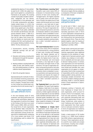 137
Chapter 3: The future of work in Europe: job quality and work organisation for a smart, sustainable and inclusive growth
established the objective of ‘more and bet-
ter jobs for all’. In 2001, the Laeken Euro-
pean Council agreed to a comprehensive
framework on job quality. The resulting
concept of job quality included 10 dimen-
sions, categorised into two themes:
1) characteristics of the job/worker and
2) the wider socioeconomic and labour
market context (Annex 1). In 2013, the
EU’s Employment Committee (EMCO) Indi-
cators Group agreed upon a four-dimen-
sional concept of job quality, subdivided
into 10 further sub-dimensions, each with
several indicators (Annex 1, Table A1.1).
The indicators are drawn predominantly
from the EU Labour Force Survey (EU-
LFS), the Statistics on Income and Living
Conditions (EU-SILC) and Eurofound’s lat-
est European Working Conditions Survey
(EWCS). The four dimensions are:
1.	 Socioeconomic security, including
adequate earnings and job and
career security;
2.	 Education and training, including skills
development through life-long learn-
ing and employability;
3.	 Working conditions, including health and
safety at work, work intensity, auton-
omy and working practices, as well as
collective interest representation;
4.	 Work-life and gender balance.
Operationalising the multitude of indica-
tors to facilitate monitoring, assessment
and policy-making remains a challenging
work in progress. Through factor analy-
sis, their number has recently been com-
pressed but the list still remains long 
(10
).
2.2.	 Work organisation
can take different forms
In the ever-changing world of work,
employees’ well-being, performance and
labour market participation depend on
the organisation of work by firms. Based
on the findings of the three most recent
EWCS waves (2000, 2005 and 2010),
four broad forms of work organisation
can be identified. Table 1 describes the
main characteristics of these forms of
work organisation among private non-
agricultural establishments employing
10 or more workers (see Annex 2 for
the methodology used to underpin the
classification).
(10
)	In the table in Annex 1 these indicators are
marked ‘FACTOR indicating…(the particular
aspect of work)’.
The ‘Discretionary Learning form’
(hereafter Lean) covers nearly 29 % of
employees. It is characterised by a strong
presence of team work, including self-
managed teams, the highest reported
use of quality norms and self-assess-
ment of quality, the highest level of task
rotation and horizontal and norm-based
constraints, a very high level of cogni-
tive demands and higher levels of task
autonomy. This type of organisation dis-
plays strong learning dynamics and relies
on employees’ abilities to solve problems
themselves. Work is embedded in numer-
ous quantitative and organisational pace
constraints and requires the respect of
strict quality standards, granting employ-
ees a rather ‘controlled’ autonomy in
their work.
The ‘Lean Production form’ (hereafter
Lean) covers nearly 29 % of employees.
It is characterised by a strong presence
of team work, including self-managed
teams, the highest reported use of
quality norms and self-assessment of
quality, the highest level of task rota-
tion and horizontal and norm-based
constraints, a very high level of cogni-
tive demands and higher levels of task
autonomy. This type of organisation dis-
plays strong learning dynamics and relies
on employees’ abilities to solve problems
themselves. Work is embedded in numer-
ous quantitative and organisational pace
constraints and requires the respect of
strict quality standards, granting employ-
ees a rather ‘controlled’ autonomy in
their work.
The ‘Tayloristic form’ covers about 20 %
of employees. This type of work organisa-
tion displays a high level of non-autono-
mous team work, the lowest level of task
autonomy, limited cognitive demands at
work, very high levels of use of pre-defined
quality standards (and lower levels of self-
assessed quality standards) and a very
high level of pace constraints, especially
those created by limitations in the speed
of machines or production flow.
The ‘Traditional or Simple form’
of organisation covers nearly 16 % of
employees. It is characterised by the low-
est incidence of work pace constraints and
the use of pre-defined or self-assessed
quality standards. Workers belonging to
this organisational form have less work
pace autonomy and generally face the
least cognitively demanding tasks, with
only a few instances of teamwork and
work rotation. In such establishments, work
organisation methods are not (strictly) cod-
ified and are largely informal, probably as
a consequence of the lower complexity of
the work tasks involved.
2.3.	 Work organisation
impacts on job quality
and performance
As can be seen in Table 1, nearly two
thirds of employees in private estab-
lishments with 10 or more employees
(excluding agriculture) work in forms
of work organisation characterised by
strong learning dynamics and high prob-
lem-solving activity: the Learning and the
Lean production forms. These are often
labelled together under the heading of
High Performance Work Places — HPWS
(Appelbaum and Batt, 1993).
Though similar, Learning and Lean organi-
sations differ in a number of dimensions.
Learning organisations place additional
importance on the wholeness of tasks,
a higher level of personal autonomy and
initiative, less emphasis on strict adher-
ence to standards and more open access
to decision-making process. In contrast,
Lean organisations are more hierarchical,
and task autonomy and pace of work are
more limited and controlled. Also, Learn
organisations do not appear to compen-
sate workers fully for their increased level
of responsibility and the need to address
ongoing problem-solving activities in an
increasingly complex environment. This
may result in problems relating to personal
well-being, health or work-life balance
similar to those experienced in Tayloris-
tic organisations.
Employees working in Tayloristic and
more Traditional or Simple forms of
work organisation, which account for
around a third of all employees, have
much less task autonomy, rarely deal
with cognitively demanding tasks and
have fewer opportunities to learn new
things. Furthermore, while workers in
more Traditional and Simple forms of
work organisation face fewer quality
norms or work pace constraints, Tayloris-
tic forms of organisation are marked by
much stricter controls in both respects.
Finally, a meta-analysis of 92 studies
(Combs et al., 2006) found evidence
that HPWS enhance organisational per-
formance. These organisations are bet-
ter suited for more volatile and complex
environments, including more competi-
tive and globalised markets.
 