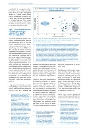 140
Employment and Social Developments in Europe 2014
available (15
). On average, this indica-
tor remained fairly constant over the
period at around 0.3, but ranging from
about 0.2 (e.g. Sweden, Finland) to more
than 0.4 (e.g. Romania, Portugal) — with
a higher value indicating higher inequal-
ity. Since the beginning of the decade,
inequality has decreased substantially in
the Baltic countries and France, while it
has increased in Cyprus and Italy.
3.1.2.	 Job and career security
effects on commitment,
enhanced firm-specific
skills and productivity
Job security strengthens workers’ com-
mitment and the opportunities to acquire
firm-specific skills, which in turn may
enhance individual and team perfor-
mance, with a positive impact on pro-
ductivity (e.g. Auer et al., 2005; Brown
et al., 2011) (16
). In contrast, involuntary
part-time work or long spells of inactivity/
unemployment between temporary jobs)
may erode human capital and lead to
poor mental health and low life satisfac-
tion (e.g. Green, 2011; Sverke et. al, 2006),
negatively affecting personal performance
and overall productivity. Moreover, invol-
untary part-time work or long spells of
inactivity/unemployment between tem-
porary jobs decrease the household work
intensity and increase the risk of in-work
poverty and social exclusion. Job security
may, nevertheless, induce shirking in some
circumstances if not counteracted by spe-
cific measures (e.g. Yellen, 1984; Shapiro
and Stiglitz, 1984; IchoNo and Riphahn,
2005) 
(17
).
A high proportion of workers in Spain,
Greece, Portugal, Cyprus, Romania and
Slovakia are on involuntary temporary
contracts (Chart 4) (18
). Moreover, the
(15
)	Earnings distribution is not to be confused
with distribution of income, wealth or
opportunities. For a comprehensive study on
the latter, see, for example, the GINI project
available at http://www.gini-research.org/
articles/home
(16
)	Using macro-data covering
13 European countries between 1992 and
2002, Auer et al. (2005) report a positive
(though eventually decreasing) relationship
between job tenure and productivity. Using
micro-data from 2004, Brown et al. (2011)
show strong employee commitment decreases
the probability that labour productivity is below
the sample mean by about 10 pps.
(17
)	Note that job security need not exclude
internal job flexibility. For example,
it is possible that short-time working
arrangements adopted during an economic
downturn can have a positive impact on
long-run labour productivity to the extent
that the free time is used for skill formation.
(18
)	Note that this chart draws from different
surveys covering data for 2013 and 2011.
transition from temporary to permanent
contracts is particularly difficult in Spain,
Greece, Cyprus and ­Portugal. In contrast,
Austria, Germany, the ­Netherlands and
Estonia have low rates of involuntary
temporary employment and high transi-
tion rates to permanent employment 
(19
).
Temporary work needs not necessarily
be a negative job feature. If, for example,
the reason for temporary employment
of young people is that they are in edu-
cation or training (as in Germany, Aus-
tria and Denmark) 
(20
) or on a probation
period, then a temporary job can be seen
as a stepping stone to more stable forms
of employment. However, if upward tran-
sitions in pay level and/or contract type
are impeded and the labour market is
highly polarised, the prospects for career
advancement and perceptions about
the quality of their jobs will be poorer.
This may reduce motivation, and thus
(19
)	However, there is a high gender imbalance
in transition rates to permanent contract in
Estonia (see Annex 3, Chart A3.5).
(20
)	In 2013, the share of employees aged
15–24 in temporary contracts due to
education or training in all temporary
employees aged 15–24 was 85 % (though
this figure is flagged as unreliable by
Eurostat), 80 % and 54 % in Germany,
Austria and Denmark. This percentage
remained stable between 2007 and 2013.
productivity and growth (see for instance
OECD, 2014).
Chart 4: Involuntary temporary work and transitions from temporary
to permanent contracts
0 20 40 60 80 100
0
10
20
30
40
50
60
70
80
AT
BEBG
CY
CZDE
EE
EL
ES
EU-28
FI
FR
HR
HU
IT
LT
LU
LV
MT
NL PL
PT
RO
SE
SI
SK
UK
Involuntary temporary work, %
Transitionsfromtemporary
topermanentcontracts,%
Sources: Eurostat LFS, table lfsa_etgar and ilc_lvhl32. Data for involuntary temporary employment is for
2013 
(1
); data for transitions if for 2011. Transitions data for Denmark and Ireland is missing.
Note: 15 to 64 years age group; % of total temporary workers.
(1
)	Involuntary temporary work used in this subsection is based on the Eurostat concept. In particular,
employees with temporary contracts are those who declare themselves as having a fixed-term
employment contract (see below) or a job which will terminate if certain objective criteria are
met, such as completion of an assignment or return of the employee who was temporarily
replaced (for more details check the Eurostat metadata available at http://epp.eurostat.ec.europa.
eu/cache/ITY_SDDS/EN/lfsa_esms.htm. Employees with fixed-term contracts: Following Eurostat,
the concept of fixed-term contract is only applicable to employees, not to the self-employed.
In some countries, contracts of this type are settled only in specific cases, e.g. for public-sector
jobs, apprentices or other trainees within an enterprise. Given wide institutional discrepancies,
the concepts of ‘temporary employment’ and ‘work contract of limited duration’ (or ‘permanent
employment’ and ‘work contract of unlimited duration’) describe situations which, in different
institutional contexts, may be considered similar. For the reference definitions, please consult
the EU-LFS explanatory notes at http://epp.eurostat.ec.europa.eu/statistics_explained/index.php/
EU_labour_force_survey_-_methodology#LFS_explanatory_notes
Chart 5 shows the unfavourable changes
observed in the majority of the Mem-
ber States during the recent crisis (21
).
Involuntary temporary work increased
while the transition to more stable
employment contracts fell. The situation
appears to have deteriorated further in
the Southern countries (Greece, Spain,
Cyprus) and Slovakia, followed by Bul-
garia, the Czech Republic, Hungary and
Latvia. Noticeable changes are also seen
in Luxembourg and Italy 
(22
) 
(23
).
Chart 6 shows a positive change in at
least one of the indicators for a limited
number of Member States (24
). In Austria,
(21
)	Note that this chart draws from different
surveys covering data for 2013 and 2011.
(22
)	The share of employees aged 15–24 in
temporary contracts due to education or
training in all temporary employees aged
15–24 decreased substantially in Italy (from
54 % to 40 %) and Luxembourg (from 52 %
to 44 %) between 2007 and 2013.
(23
)	These trends may reflect an increased
tendency of firms to use temporary
contracts to absorb more easily shocks in
product (and hence also in labour) demand
during the crisis, especially in countries
where employment protection legislation
is much stricter for permanent than for
temporary contracts.
(24
)	Note that this chart draws from different
surveys covering data for 2013 and 2011.
 