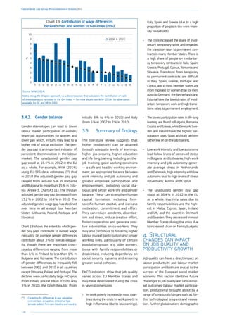 148
Employment and Social Developments in Europe 2014
Chart 19: Contribution of wage differences
between men and women to Gini index (in %)
0
1
2
3
4
5
6
7
8
9
10
ROBGLVHULULTPLITHRPTBEELNLFRDECYESUKCZNOSESKEEFI
2002 2010
%
Source: WiiW (2014).
Notes: Using the Shapley approach, i.e. a decomposition that calculates the contribution of each
of thexexplanatory variables to the Gini index — for more details see WiiW (2014). No observation
available for DE and HR in 2002.
3.4.2.	 Gender balance
Gender stereotypes can lead to lower
labour market participation of women,
fewer job opportunities for women and
lower pay which, in turn, may lead to a
higher risk of social exclusion. The gen-
der pay gap is an important indicator of
persistent discrimination in the labour
market. The unadjusted gender pay
gap stood at 16.4 % in 2012 in the EU
as a whole. For example, WiiW (2014),
using EU-SES data, estimates  
(53
) that
in 2010 the adjusted gender pay gap
ranged from around 5 % in Romania
and Bulgaria to more than 15 % in Esto-
nia (Annex 3, Chart A3.11). The median
adjusted gender pay gap decreased from
13.2 % in 2002 to 10.4 % in 2010. The
adjusted gender wage gap has declined
over time in all except four Member
States (Lithuania, Poland, Portugal and
Slovakia).
Chart 19 shows the extent to which gen-
der pay gaps contribute to overall wage
inequality. On average, gender differences
contribute about 3 % to overall inequal-
ity, though there are important cross-
country differences ranging from more
than 6 % in Finland to less than 1 % in
Bulgaria and Romania. The contribution
of gender differences to inequality fell
between 2002 and 2010 in all countries
except Lithuania, Poland and Portugal. The
declines were particularly large in Cyprus
(from initially around 9 % in 2002 to only
3 % in 2010), the Czech Republic (from
(53
)	Correcting for differences in age, education,
contract type, occupation, enterprise type
(private, public), firm size, industry and country.
initially 8 % to 4 % in 2010) and Italy
(from 5 % in 2002 to 2 % in 2010).
3.5.	 Summary of findings
The literature review suggests that
higher productivity can be attained
through adequate levels of earnings;
higher job security; higher education
and life-long training, including on-the-
job training; good working conditions
— a safe and healthy working environ-
ment, an appropriate balance between
work intensity and job autonomy and
greater employee participation and
empowerment, including social dia-
logue; and better work-life and gender
balance. These can strengthen human
capital formation, including firm-
specific human capital, and increase
motivation, commitment and effort.
They can reduce accidents, absentee-
ism and stress, induce creative effort,
foster cooperation and generate posi-
tive externalities on co-workers. They
may also contribute to fostering higher
labour market participation and longer
working lives, particularly of certain
population groups (e.g. older workers,
those with family responsibilities or
disabilities), reducing dependency on
social security systems and ensuring
greater social cohesion.
EMCO indicators show that job quality
varies across EU Member States and
may have deteriorated during the crisis
in several dimensions.
•	 In-work poverty increased in most coun-
tries during the crisis. In-work poverty is
high in Romania (due to low earnings),
Italy, Spain and Greece (due to a high
proportion of people in low work-inten-
sity households).
•	 The crisis increased the share of invol-
untary temporary work and impeded
the transition rates to permanent con-
tracts in many Member States. There is
a high share of people on involuntar-
ily temporary contracts in Italy, Spain,
Greece, Portugal, Cyprus, Romania and
Slovakia. Transitions from temporary
to permanent contracts are difficult
in Italy, Spain, Greece, Portugal and
Cyprus, and in most Member States are
more impeded for women than for men.
Austria, Germany, the Netherlands and
Estonia have the lowest rates of invol-
untary temporary work and high transi-
tions rates to permanent employment.
•	 The lowest participation rates in life-long
learning are found in Bulgaria, Romania,
Croatia and Greece, while Denmark, Swe-
den and Finland have the highest par-
ticipation rates. Spain and Italy perform
rather low on on-the-job training.
•	 Low work intensity and low autonomy
lead to low levels of perceived stress
in Bulgaria and Lithuania; high work
intensity and job autonomy gener-
ate average stress in Netherlands
and Denmark; high intensity with low
autonomy lead to high levels of stress
in Germany, Austria and Cyprus.
•	 The unadjusted gender pay gap
stood at 16.4 % in 2012 in the EU
as a whole. Inactivity rates due to
family responsibilities are the high-
est in Malta, Cyprus, Spain, Ireland
and UK, and the lowest in Denmark
and Sweden. They decreased in most
Member States during the crisis due
to increased strain on family budgets.
4.	Structural
changes can impact
on job quality and
productivity growth
Job quality can have a direct impact on
labour productivity and labour market
participation and both are crucial to the
success of the European social market
economy. This section identifies future
challenges to job quality and labour mar-
ket outcomes (labour market participa-
tion, productivity) brought about by a
range of structural changes such as fur-
ther technological progress and innova-
tion, further globalisation, demographic
 
