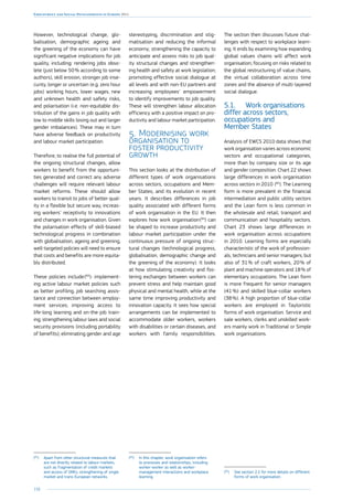 158
Employment and Social Developments in Europe 2014
However, technological change, glo-
balisation, demographic ageing and
the greening of the economy can have
significant negative implications for job
quality, including: rendering jobs obso-
lete (just below 50 % according to some
authors), skill erosion, stronger job inse-
curity, longer or uncertain (e.g. zero hour
jobs) working hours, lower wages, new
and unknown health and safety risks,
and polarisation (i.e. non-equitable dis-
tribution of the gains in job quality with
low to middle skills losing out and larger
gender imbalances). These may in turn
have adverse feedback on productivity
and labour market participation.
Therefore, to realise the full potential of
the ongoing structural changes, allow
workers to benefit from the opportuni-
ties generated and correct any adverse
challenges will require relevant labour
market reforms. These should allow
workers to transit to jobs of better qual-
ity in a flexible but secure way, increas-
ing workers’ receptivity to innovations
and changes in work organisation. Given
the polarisation effects of skill-biased
technological progress in combination
with globalisation, ageing and greening,
well-targeted policies will need to ensure
that costs and benefits are more equita-
bly distributed.
These policies include 
(83
): implement-
ing active labour market policies such
as better profiling, job searching assis-
tance and connection between employ-
ment services; improving access to
life-long learning and on-the-job train-
ing; strengthening labour laws and social
security provisions (including portability
of benefits); eliminating gender and age
(83
)	Apart from other structural measures that
are not directly related to labour markets,
such as fragmentation of credit markets
and access of SMEs, strengthening of single
market and trans-European networks.
stereotyping, discrimination and stig-
matisation and reducing the informal
economy; strengthening the capacity to
anticipate and assess risks to job qual-
ity structural changes and strengthen-
ing health and safety at work legislation;
promoting effective social dialogue at
all levels and with non-EU partners and
increasing employees’ empowerment
to identify improvements to job quality.
These will strengthen labour allocation
efficiency with a positive impact on pro-
ductivity and labour market participation.
5.	Modernising work
organisation to
foster productivity
growth
This section looks at the distribution of
different types of work organisations
across sectors, occupations and Mem-
ber States, and its evolution in recent
years. It describes differences in job
quality associated with different forms
of work organisation in the EU. It then
explores how work organisation 
(84
) can
be shaped to increase productivity and
labour market participation under the
continuous pressure of ongoing struc-
tural changes (technological progress,
globalisation, demographic change and
the greening of the economy). It looks
at how stimulating creativity and fos-
tering exchanges between workers can
prevent stress and help maintain good
physical and mental health, while at the
same time improving productivity and
innovation capacity. It sees how special
arrangements can be implemented to
accommodate older workers, workers
with disabilities or certain diseases, and
workers with family responsibilities.
(84
)	In this chapter, work organisation refers
to processes and relationships, including
worker-worker as well as worker-
management interactions and workplace
learning.
The section then discusses future chal-
lenges with respect to workplace learn-
ing. It ends by examining how expanding
global values chains will affect work
organisation, focusing on risks related to
the global restructuring of value chains,
the virtual collaboration across time
zones and the absence of multi-layered
social dialogue.
5.1.	 Work organisations
differ across sectors,
occupations and
Member States
Analysis of EWCS 2010 data shows that
work organisation varies across economic
sectors and occupational categories,
more than by company size or its age
and gender composition. Chart 22 shows
large differences in work organisation
across sectors in 2010  
(85
). The Learning
form is more prevalent in the financial
intermediation and public utility sectors
and the Lean form is less common in
the wholesale and retail, transport and
communication and hospitality sectors.
Chart 23 shows large differences in
work organisation across occupations
in 2010. Learning forms are especially
characteristic of the work of profession-
als, technicians and senior managers, but
also of 31 % of craft workers, 20 % of
plant and machine operators and 18 % of
elementary occupations. The Lean form
is more frequent for senior managers
(41 %) and skilled blue-collar workers
(38 %). A high proportion of blue-collar
workers are employed in Tayloristic
forms of work organisation. Service and
sale workers, clerks and unskilled work-
ers mainly work in Traditional or Simple
work organisations.
(85
)	See section 2.2 for more details on different
forms of work organisation.
 