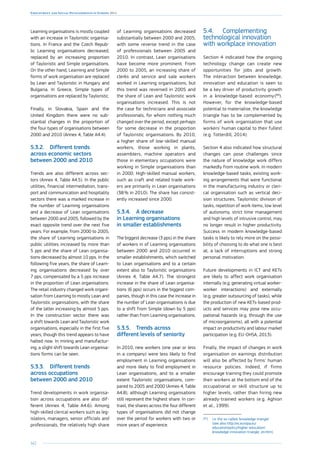 162
Employment and Social Developments in Europe 2014
Learning organisations is mostly coupled
with an increase in Tayloristic organisa-
tions. In France and the Czech Repub-
lic Learning organisations decreased,
replaced by an increasing proportion
of Tayloristic and Simple organisations.
On the other hand, Learning and Simple
forms of work organisation are replaced
by Lean and Tayloristic in Hungary and
Bulgaria. In Greece, Simple types of
organisations are replaced by Tayloristic.
Finally, in Slovakia, Spain and the
United Kingdom there were no sub-
stantial changes in the proportion of
the four types of organisations between
2000 and 2010 (Annex 4, Table A4.4).
5.3.2.	 Different trends
across economic sectors
between 2000 and 2010
Trends are also different across sec-
tors (Annex 4, Table A4.5). In the public
utilities, financial intermediation, trans-
port and communication and hospitality
sectors there was a marked increase in
the number of Learning organisations
and a decrease of Lean organisations
between 2000 and 2005, followed by the
exact opposite trend over the next five
years. For example, from 2000 to 2005,
the share of Learning organisations in
public utilities increased by more than
5 pps and the share of Lean organisa-
tions decreased by almost 10 pps. In the
following five years, the share of Learn-
ing organisations decreased by over
7 pps, compensated by a 5 pps increase
in the proportion of Lean organisations.
The retail industry changed work organi-
sation from Learning to mostly Lean and
Tayloristic organisations, with the share
of the latter increasing by almost 5 pps.
In the construction sector there was
a shift towards Lean and Tayloristic work
organisations, especially in the first five
years, though this trend appears to have
halted now. In mining and manufactur-
ing, a slight shift towards Lean organisa-
tions forms can be seen.
5.3.3.	 Different trends
across occupations
between 2000 and 2010
Trend developments in work organisa-
tion across occupations are also dif-
ferent (Annex 4, Table A4.6). Among
high-skilled clerical workers such as leg-
islators, managers, senior officials and
professionals, the relatively high share
of Learning organisations decreased
substantially between 2000 and 2005,
with some reverse trend in the case
of professionals between 2005 and
2010. In contrast, Lean organisations
have become more prominent. From
2000 to 2005, an increasing share of
clerks and service and sale workers
worked in Learning organisations, but
this trend was reversed in 2005 and
the share of Lean and Tayloristic work
organisations increased. This is not
the case for technicians and associate
professionals, for whom nothing much
changed over the period, except perhaps
for some decrease in the proportion
of Tayloristic organisations. By 2010,
a higher share of low-skilled manual
workers, those working in plants,
assemblers, machine operators and
those in elementary occupations were
working in Simple organisations than
in 2000. High-skilled manual workers,
such as craft and related trade work-
ers are primarily in Lean organisations
(38 % in 2010). The share has consist-
ently increased since 2000.
5.3.4.	 A decrease
in Learning organisations
in smaller establishments
The biggest decrease (3 pps) in the share
of workers in of Learning organisations
between 2000 and 2010 occurred in
smaller establishments, which switched
to Lean organisations and to a certain
extent also to Tayloristic organisations
(Annex 4, Table A4.7). The strongest
increase in the share of Lean organisa-
tions (6 pps) occurs in the biggest com-
panies, though in this case the increase in
the number of Lean organisations is due
to a shift from Simple (down by 5 pps)
rather than from Learning organisations.
5.3.5.	 Trends across
different levels of seniority
In 2010, new workers (one year or less
in a company) were less likely to find
employment in Learning organisations
and more likely to find employment in
Lean organisations, and to a smaller
extent Tayloristic organisations, com-
pared to 2005 and 2000 (Annex 4, Table
A4.8), although Learning organisations
still represent the highest share. In con-
trast, the shares across the four different
types of organisations did not change
over the period for workers with two or
more years of experience.
5.4.	 Complementing
technological innovation
with workplace innovation
Section 4 indicated how the ongoing
technology change can create new
opportunities for jobs and growth.
The interaction between knowledge,
innovation and education is seen to
be a key driver of productivity growth
in a knowledge-based economy 
(89
).
However, for the knowledge-based
potential to materialise, the knowledge
triangle has to be complemented by
forms of work organisation that use
workers’ human capital to their fullest
(e.g. Totterdill, 2014).
Section 4 also indicated how structural
changes can pose challenges since
the nature of knowledge work differs
markedly from routine work. In modern
knowledge-based tasks, existing work-
ing arrangements that were functional
in the manufacturing industry or cleri-
cal organisation such as vertical deci-
sion structures, Tayloristic division of
tasks, repetition of work items, low level
of autonomy, strict time management
and high levels of intrusive control, may
no longer result in higher productivity.
Success in modern knowledge-based
tasks is likely to rely more on the possi-
bility of choosing to do what one is best
at, a lack of interruptions and strong
personal motivation.
Future developments in ICT and KETs
are likely to affect work organisation
internally (e.g. generating virtual worker-
worker interactions) and externally
(e.g. greater outsourcing of tasks), while
the production of new KETs-based prod-
ucts and services may pose new occu-
pational hazards (e.g. through the use
of microorganisms), all with a potential
impact on productivity and labour market
participation (e.g. EU-OHSA, 2013).
Finally, the impact of changes in work
organisation on earnings distribution
will also be affected by firms’ human
resource policies. Indeed, if firms
encourage training they could promote
their workers at the bottom end of the
occupational or skill structure up to
higher levels, rather than hiring new
already-trained workers (e.g. Aghion
et al., 1999).
(89
)	I.e. the so-called ‘knowledge triangle’
(see also http://ec.europa.eu/
education/policy/higher-education/
knowledge-innovation-triangle_en.htm).
 