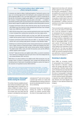 52
Employment and Social Developments in Europe 2014
Box 1: Some mixed evidence about ‘added-worker
effects’ during the recession
A recession can impact on labour market participation of ‘partnered’ women in two
ways: (a) it can discourage women from looking for a job or postpone their decision
(discouragement effect) or (b) it can foster participation in order to compensate for
the job loss of the partner (added-worker effect). It is hard to determine whether
the increase in female participation was due partly to the latter — or whether it
was entirely caused by other structural factors due to education and cohort effects.
Several reports support the added worker hypothesis without being totally conclusive:
•	European Commission (2011b) shows that the activity rate of married women
with children was more reactive to male unemployment and that it has increased
faster since 2008 than for other women*.
•	OECD (2012a) shows that in many countries partnered women were more likely
to have increased their working hours during the crisis than single women.
•	European Commission (2012b) points out that over 2007–09, dual-earner
­couples had lost ground mainly to the benefit of female breadwinner couples.
•	European Commission (2013) shows that over 2007–11, the share of working
women with a non-working male partner increased in most Member States.
•	Bredtmann et al (2014) found that women whose partner becomes unemployed
have a higher chances of entering the labour market and changing from part-
time to full-time employment than women whose partner remains employed.
The added worker effect varies over both the business cycle and the different
welfare regimes within Europe**.
•	EU-SILC*** data do not show such added-worker effect, as women’s transitions
from inactivity to employment and from part-time to full-time employment do
not increase between 2007 and 2012.
While there is no robust evidence of an added-worker effect during the crisis, the
stronger share of women in employment, hours worked and earnings and the
increasing share of dual-earner households has helped to cushion the impact of
the recession on household incomes (OECD (2014c)).
Notes: * However, this is not true for all countries and may be due to other effects — for instance
the increase in investment in childcare facilities. ** For instance, for the UK, Bryan and Longhi (2013)
found an increase in job searches but only among single earner couples —which does not translate
into more success in finding work (consistent with declining job-finding rate), at least in the short-
term. *** Eurostat, EU-SILC, [ilc_lvhl30]. Note that these indicators are not available for different
groups of women (partnered or not, with or without children).
Limited increase in discouraged
workers during the recession
The number of persons available and want-
ing to work but not looking for a job ( 47
) (the
‘discouraged workers’) increased from 7.4
million in 2008 to 9.3 million in 2013 (or
from 3.1 % to 3.8 % of the labour force).
This increase was much lower than the
increase in unemployment and long-term
(47
)	 These are jobless persons (neither employed
nor unemployed) who do not qualify for
recording as unemployed (from the ILO
definition) because they are not actively
looking for a job (anymore), despite the fact
that they want to work and are available
for work. According to Eurostat, they include
‘discouraged workers but also persons
prevented from job seeking due to personal
or family circumstances’. However, for
convenience, this Section uses the term
‘discouraged workers’ to refer to all the
inactive persons wanting to work but not
looking for a job.
unemployment ( 48
) and can be viewed as
a positive sign insofar as it means that
unemployed persons continue to look for a
job and can potentially benefit from activa-
tion or (re)training.
Institutional factors can contribute to
limiting the number of discouraged
workers. For instance, countries where
the share of discouraged workers is the
(48
)	 Since 2008, the number of unemployed
increased from 16.8 million to 26.4 million
in 2013, and the number of long-term
unemployed almost doubled in the same
period (from 6.2 million to 12.3 million).
highest tend to be those with relatively
limited support for the unemployed or
the long-term unemployed ( 49
). Gener-
ally speaking, the countries that recorded
increases in discouraged workers since
2008 ( 50
) were those that combined a
strong labour market impact of the crisis
and relatively weak support services to
the unemployed ( 51
), whether in terms of
spending on active labour market policies
or income support.
There can also be other explanatory fac-
tors such as the extent to which there
are, or are not, incentives to register
as unemployed, the link to social assis-
tance schemes, or the actual probability
of finding a job. The availability of care
services for children or dependents may
also affect the labour supply given that
36 % of ‘discouraged workers’ in 2013
were women of prime-age (25–54),
a group more likely to be affected by
issues related to the combination of work
and family life. This share was highest
in Spain (41 %), Italy (47 %) and Greece
(49 %), all countries recognised as being
poor performers in terms of supporting
improved work-life balance ( 52
).
Remaining in education
Since 2008, an increasing number
of young people have remained in, or
have returned to, education, notably
within the younger age group (18–24)
and especially in Member States where
youth unemployment was especially high
(Spain, Ireland and Portugal) and where
the share of young people in education
had been below the EU average in 2004.
In some countries however, participation
in education has either stalled (Greece,
Italy, Romania, the Czech Republic and
Slovakia), or even declined (Poland and
Hungary).
(49
)	 In 2013, a very low share of long-term
unemployed were receiving unemployment
benefits (or assistance) in Italy (2 %),
Croatia (10 %), Bulgaria (1 %), Latvia (3 %)
or Estonia (4 %), all characterised by a
higher than average share of discouraged
workers –while the receipt rate of benefits
was rather high in some of the countries
displaying a low share of ‘discouraged
workers’ such as France, Germany, Malta,
Belgium and Denmark.
(50
)	 Croatia and Cyprus (strong increase) and
Finland, Romania, Spain, Italy, Hungary,
Greece and Slovenia (significant increase).
(51
)	 According to typology presented in Stovicek
and Turrini (2012)
(52
)	 They display high gender employment gaps,
high incidence of inactivity due to family
obligations as well as relatively insufficient
provision of child and/or dependent care
facilities (see European Commission (2013),
Chapter 3).
 